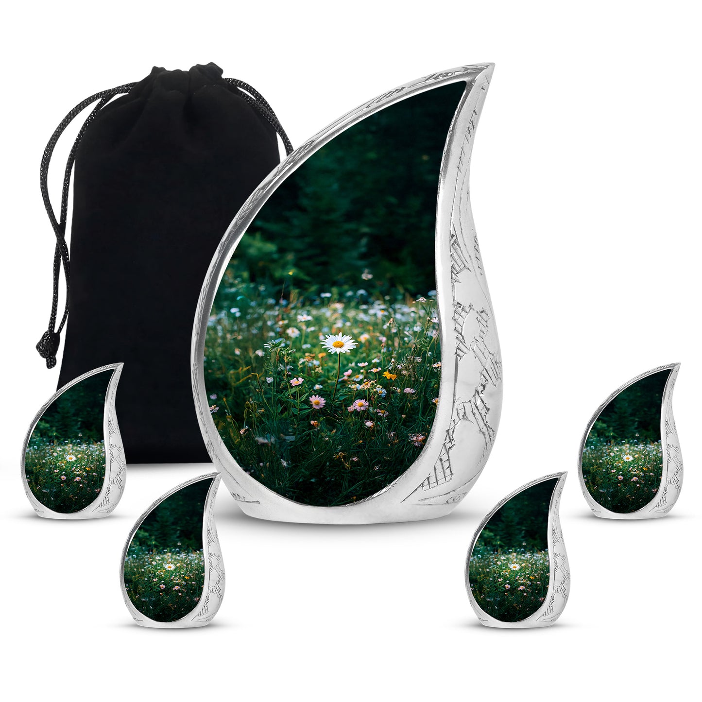 Moss Green Daisy Cremation Urn side profile showing urn shape - flowing teardrop daisy silhouette on curved aluminum - memorial set with one large and four small urns
