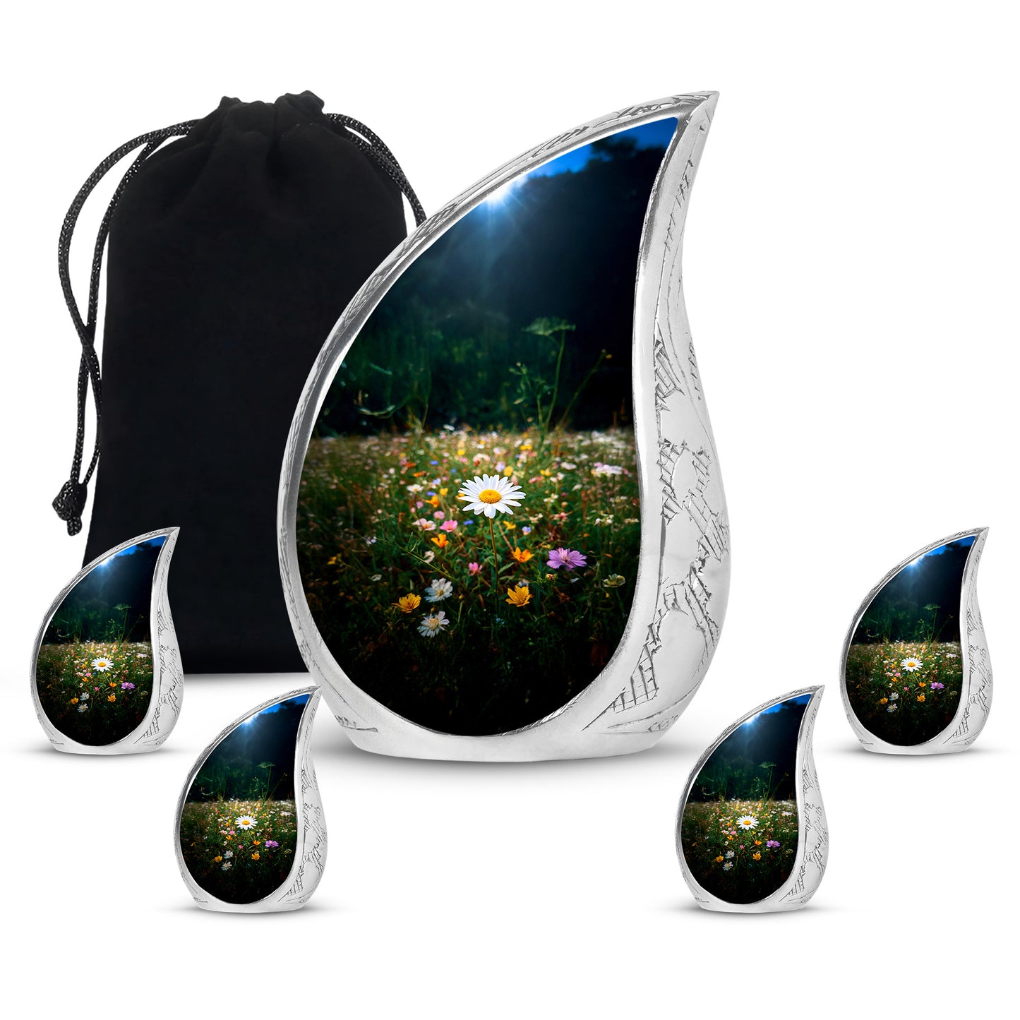 Olive Green Daisy Cremation Urn side profile showing urn shape - smooth teardrop contour featuring daisy art - memorial set with one large and four small urns