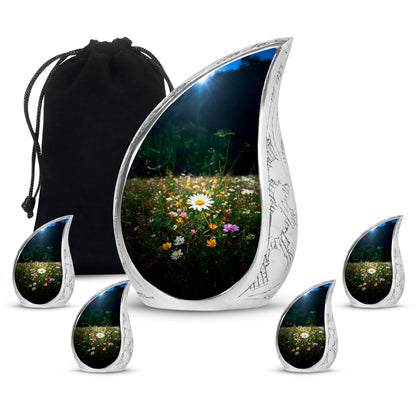 Olive Green Daisy Cremation Urn side profile showing urn shape - smooth teardrop contour featuring daisy art - memorial set with one large and four small urns
