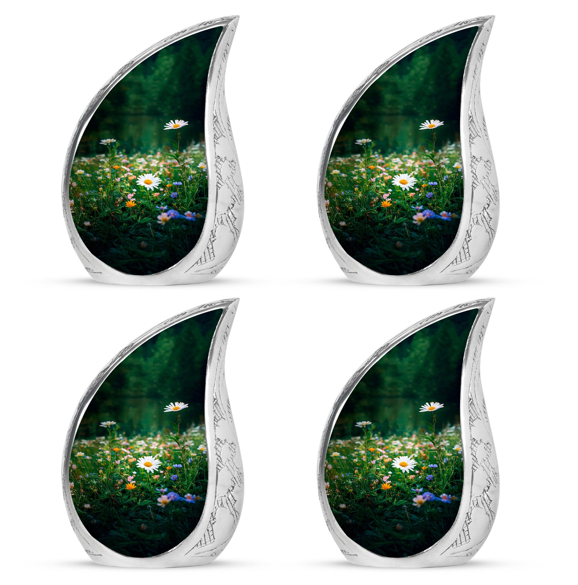 Verdant Green Daisy Cremation Urn close-up of engraving and surface detail - rounded teardrop daisy design with delicate detail - 10 inch aluminum urn for cremated remains