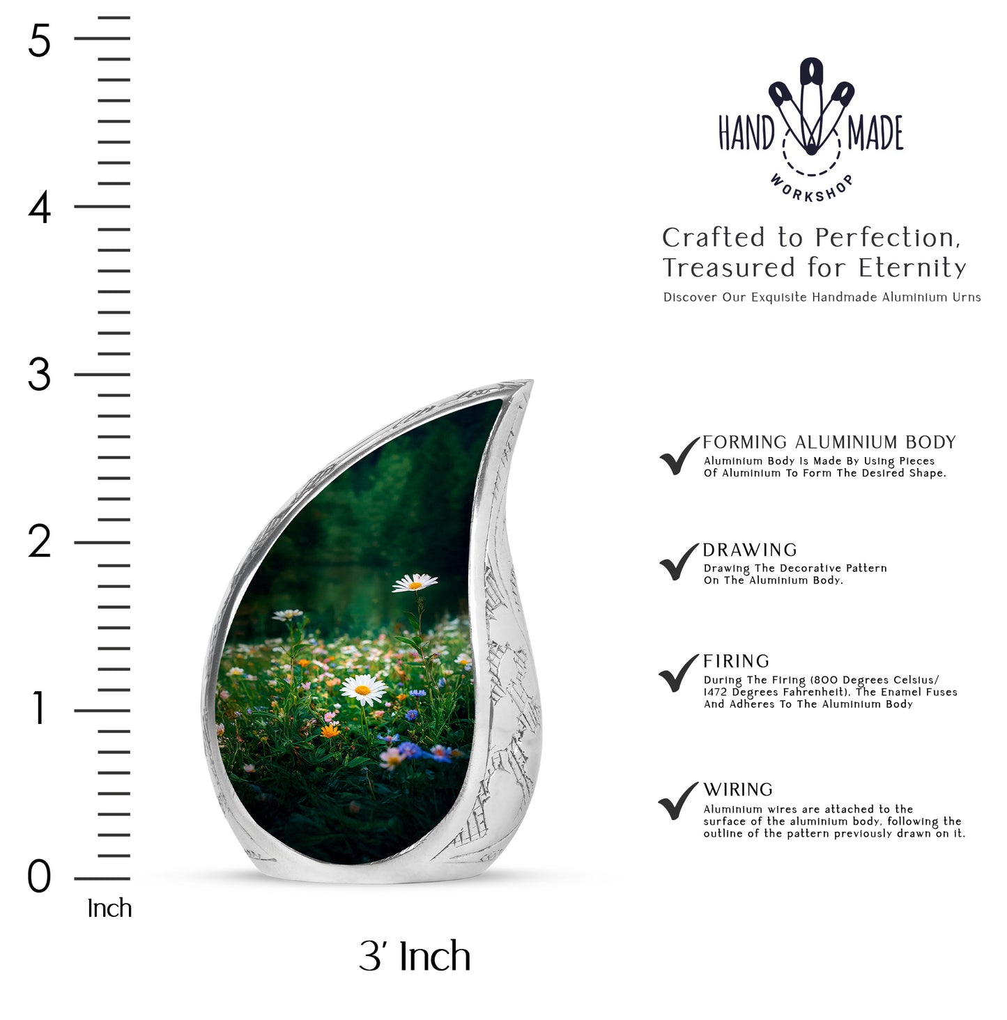 Hunter Green Daisy Cremation Urn angled view of lid and engraved motif - graceful tear-shaped urn with daisy motif - mini keepsake memorial for portion of cremation ashes