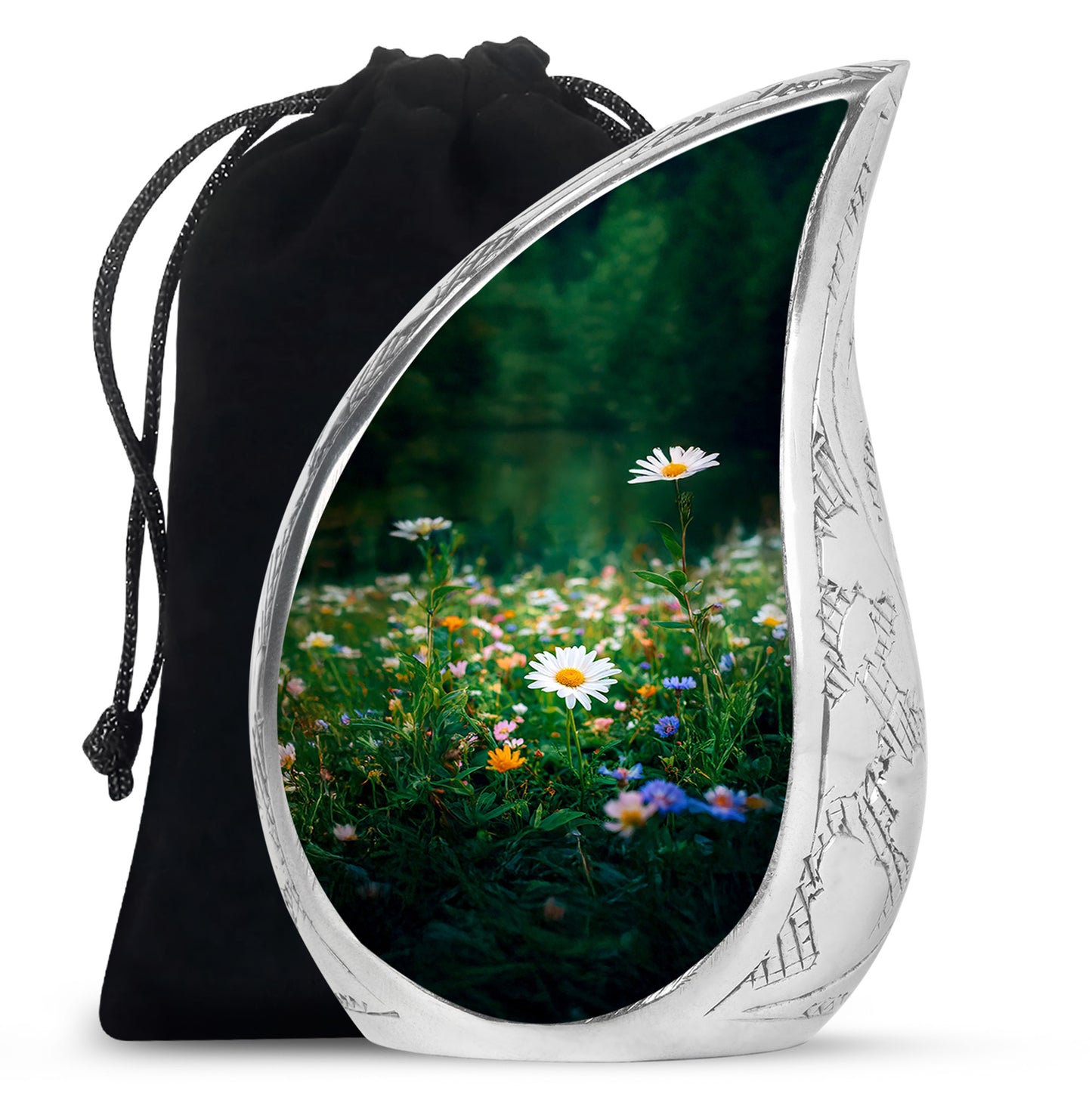 Jade Green Daisy Cremation Urn front view showing detailed design - rounded teardrop daisy design with delicate detail - full-size 10 inch 200 cubic inch adult cremation urn