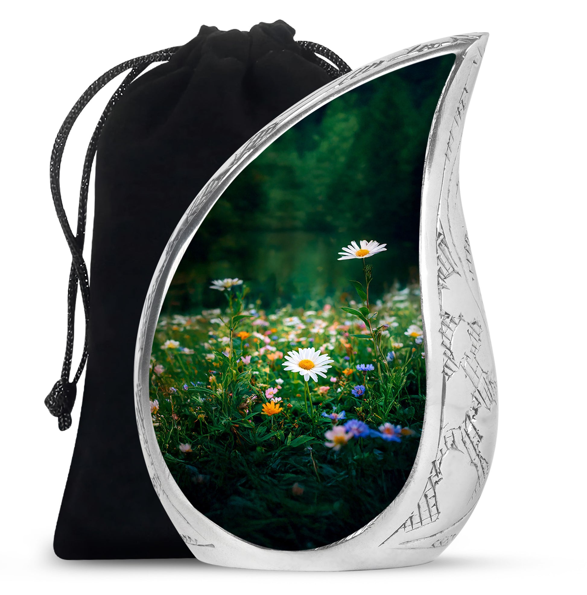 Jade Green Daisy Cremation Urn front view showing detailed design - rounded teardrop daisy design with delicate detail - full-size 10 inch 200 cubic inch adult cremation urn