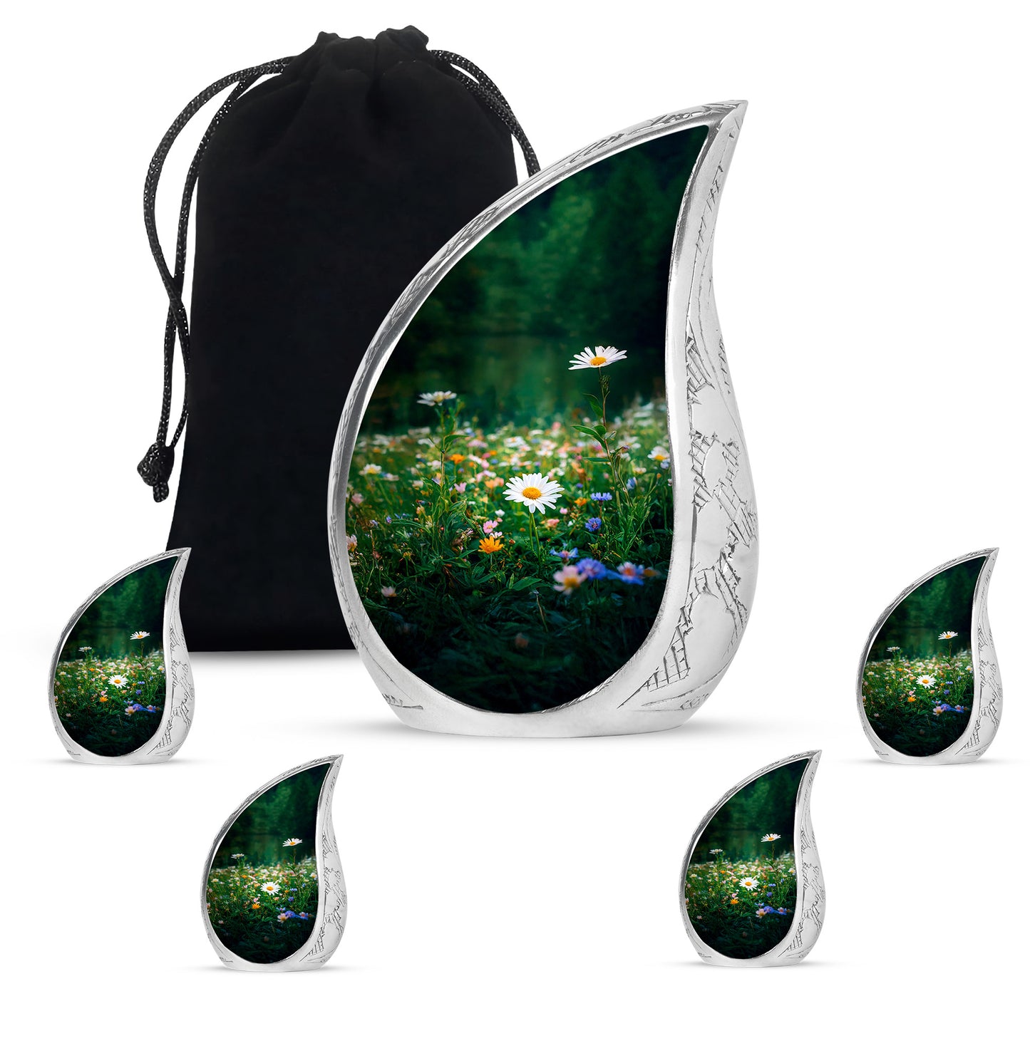 Olive Green Daisy Cremation Urn side profile showing urn shape - graceful tear-shaped urn with daisy motif - memorial set with one large and four small urns