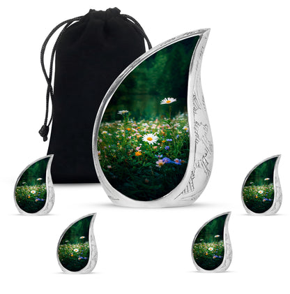 Olive Green Daisy Cremation Urn side profile showing urn shape - graceful tear-shaped urn with daisy motif - memorial set with one large and four small urns