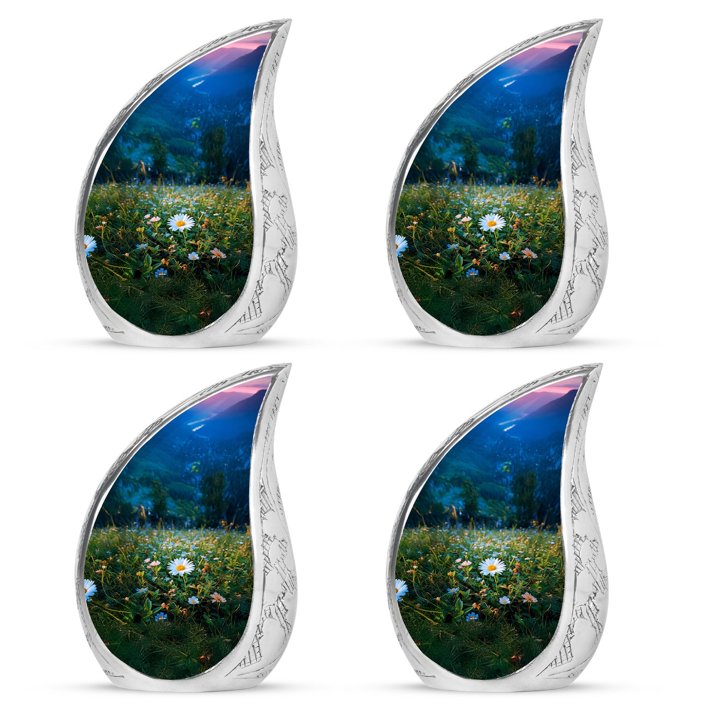 Ocean Teal Daisy Cremation Urn close-up of engraving and surface detail - flowing teardrop daisy silhouette on curved aluminum - 10 inch aluminum urn for cremated remains