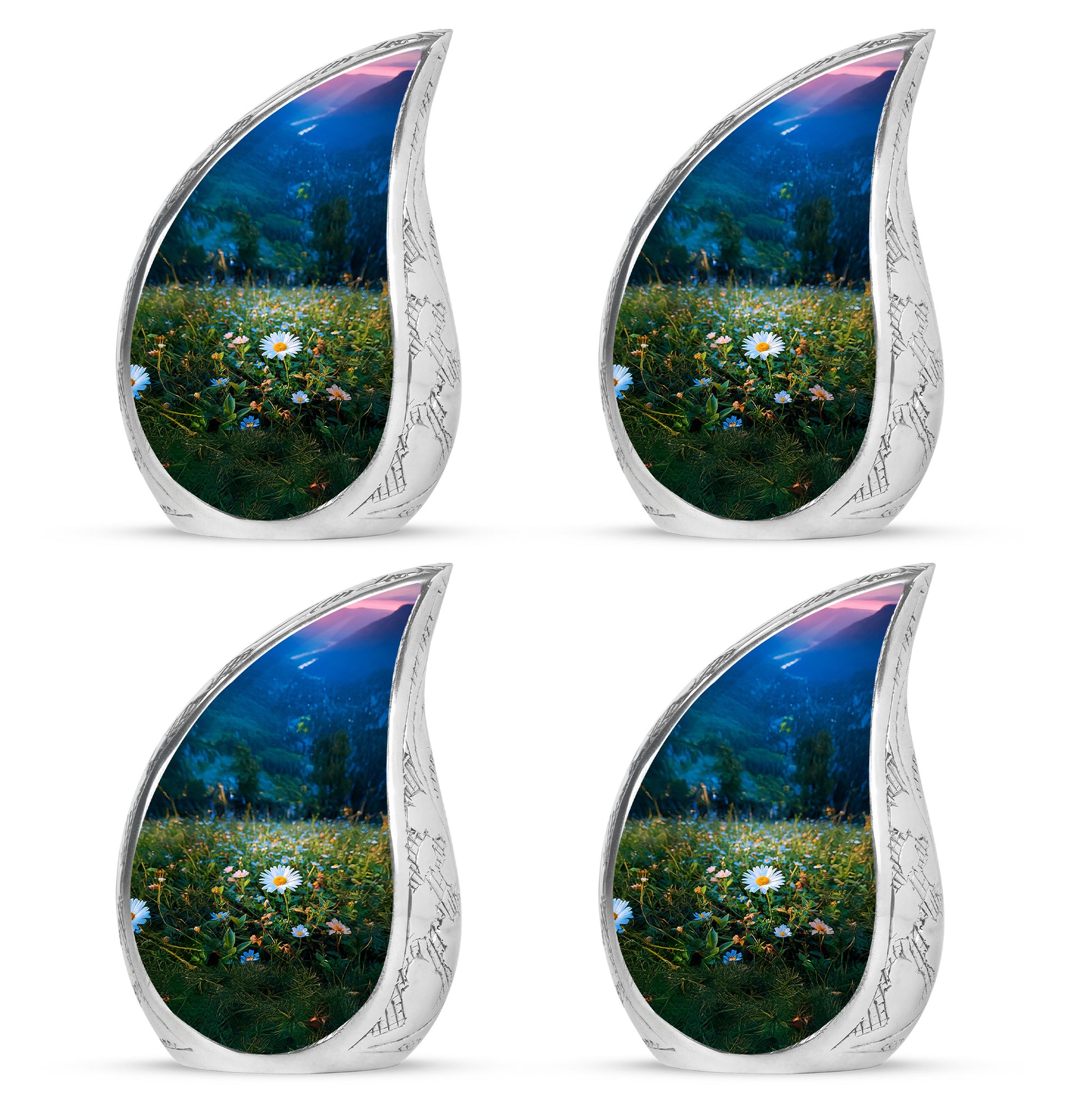 Ocean Teal Daisy Cremation Urn close-up of engraving and surface detail - flowing teardrop daisy silhouette on curved aluminum - 10 inch aluminum urn for cremated remains