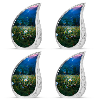 Ocean Teal Daisy Cremation Urn close-up of engraving and surface detail - flowing teardrop daisy silhouette on curved aluminum - 10 inch aluminum urn for cremated remains