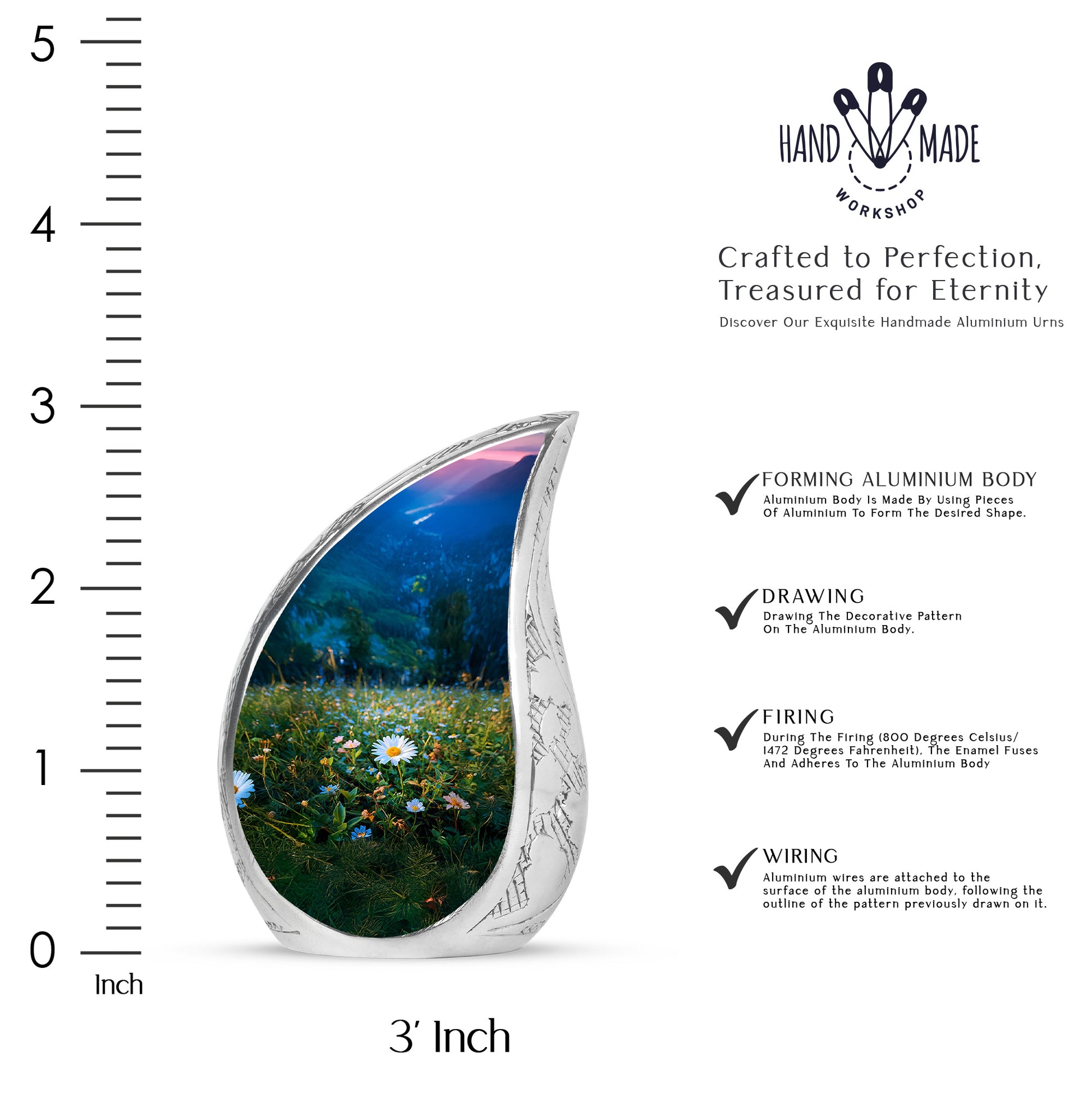 Ocean Teal Daisy Cremation Urn angled view of lid and engraved motif - rounded teardrop daisy design with delicate detail - mini keepsake memorial for portion of cremation ashes