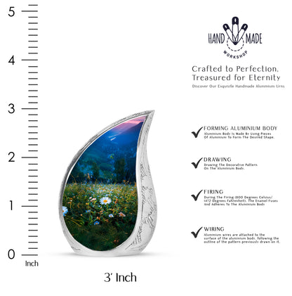 Ocean Teal Daisy Cremation Urn angled view of lid and engraved motif - rounded teardrop daisy design with delicate detail - mini keepsake memorial for portion of cremation ashes