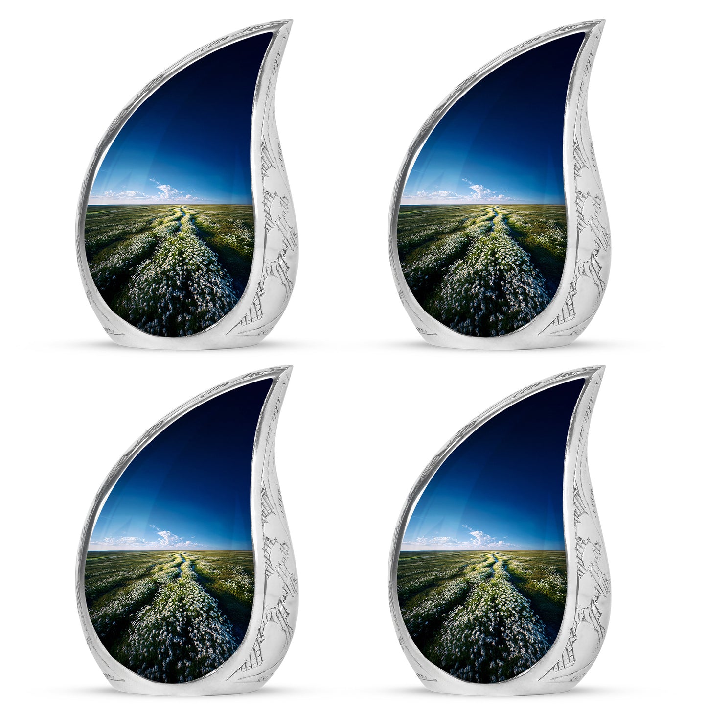 Dusty Blue Daisy Cremation Urn close-up of engraving and surface detail - rounded teardrop daisy design with delicate detail - 10 inch aluminum urn for cremated remains