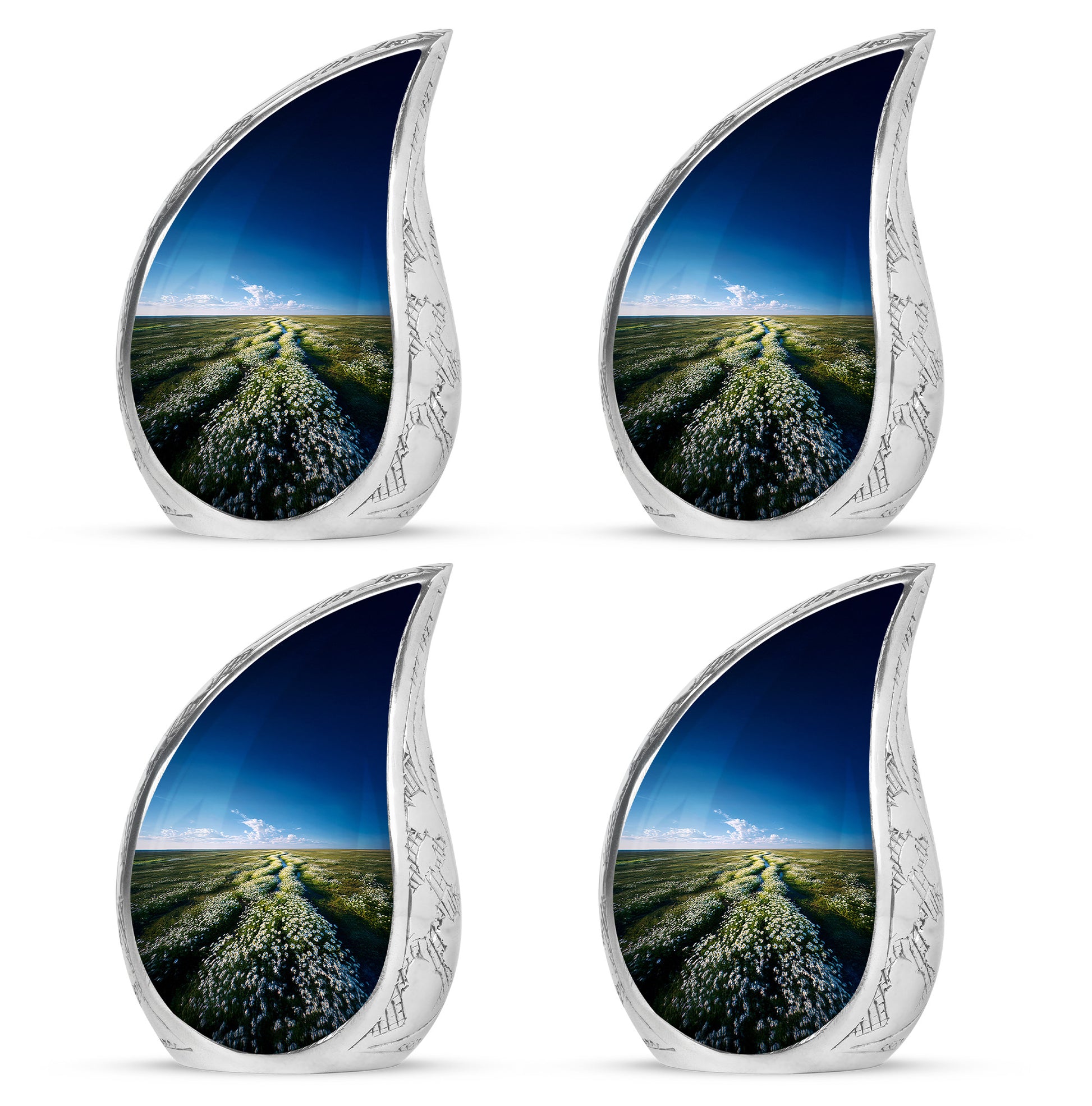 Dusty Blue Daisy Cremation Urn close-up of engraving and surface detail - rounded teardrop daisy design with delicate detail - 10 inch aluminum urn for cremated remains