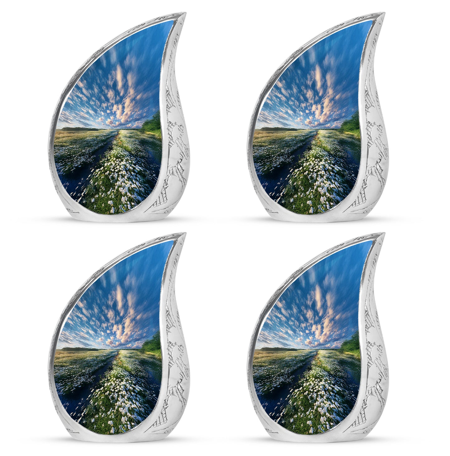 Powder Blue Daisy Cremation Urn close-up of engraving and surface detail - rounded teardrop daisy design with delicate detail - 10 inch aluminum urn for cremated remains