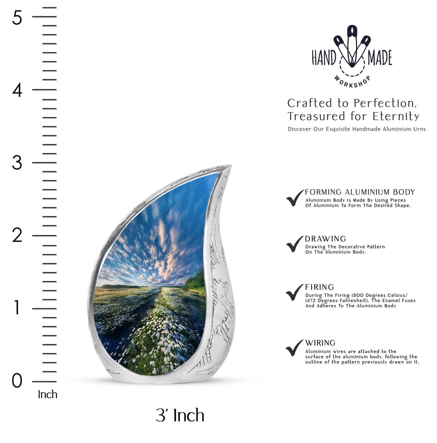 Celestial Blue Daisy Cremation Urn angled view of lid and engraved motif - rounded teardrop daisy design with delicate detail - mini keepsake memorial for portion of cremation ashes