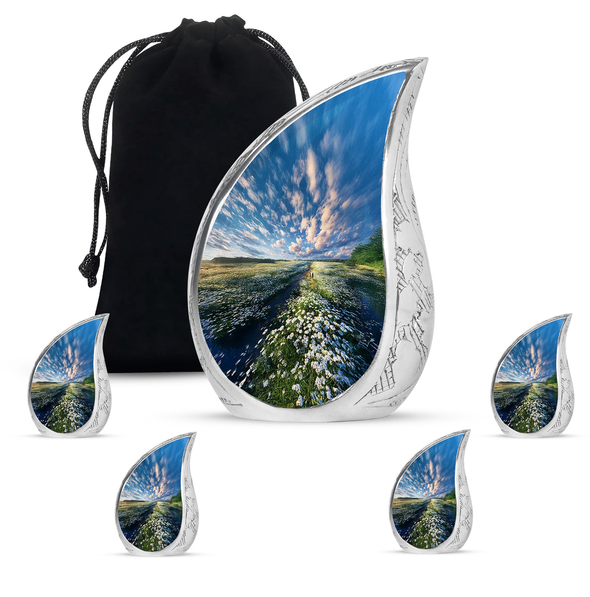 Pastel Blue Daisy Cremation Urn side profile showing urn shape - flowing teardrop daisy silhouette on curved aluminum - memorial set with one large and four small urns