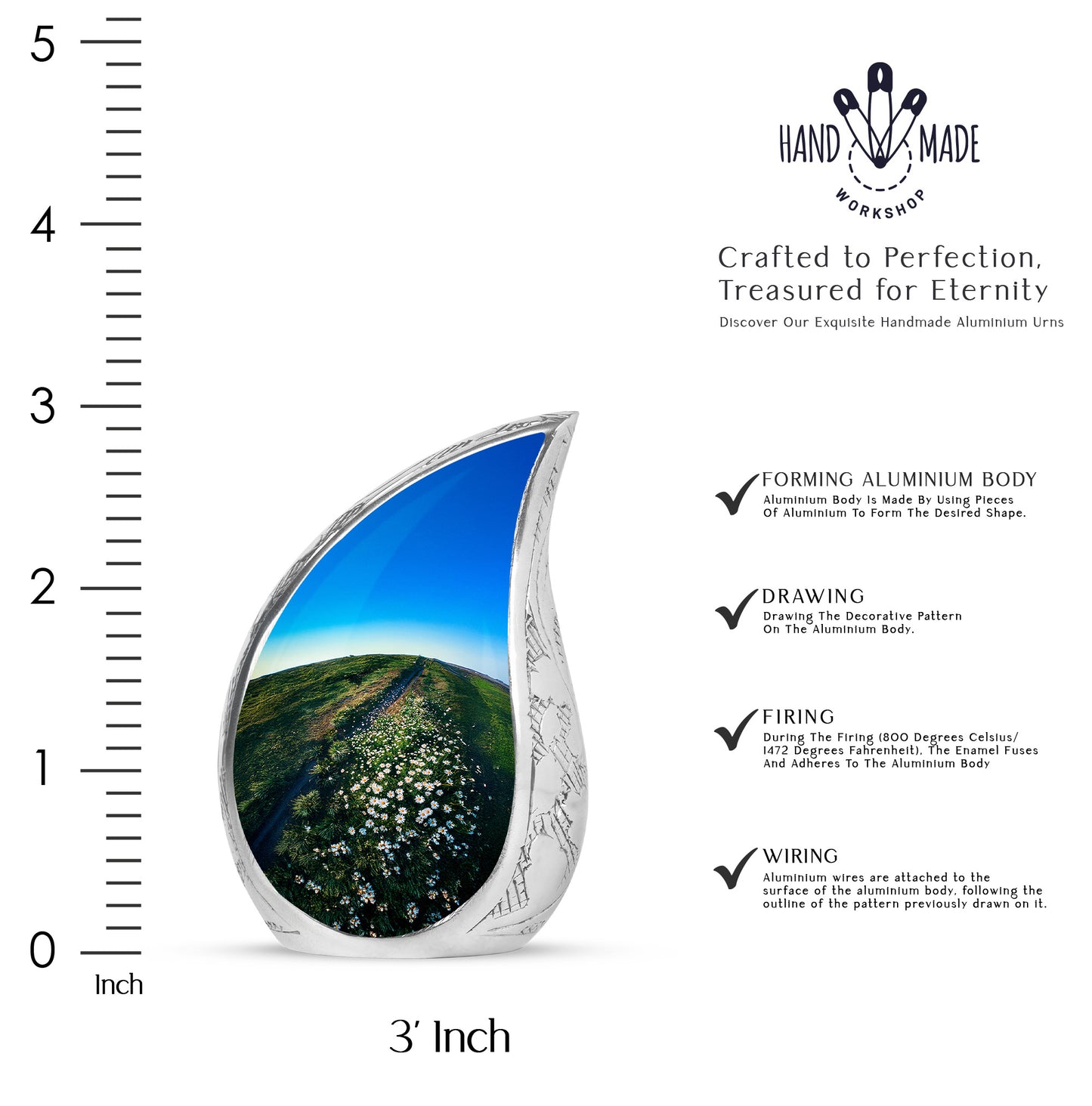 Moss Green Daisy Cremation Urn angled view of lid and engraved motif - flowing teardrop daisy silhouette on curved aluminum - mini keepsake memorial for portion of cremation ashes