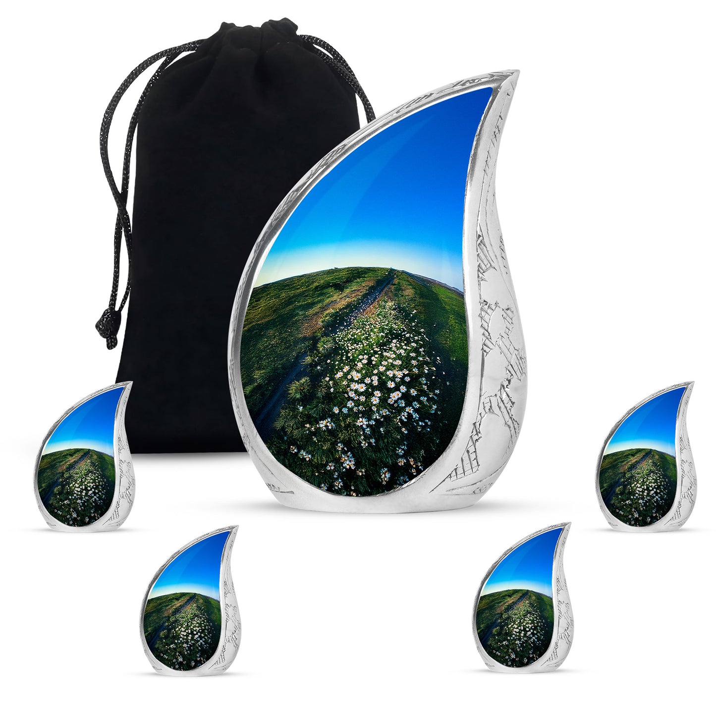 Emerald Green Daisy Cremation Urn side profile showing urn shape - flowing teardrop daisy silhouette on curved aluminum - memorial set with one large and four small urns