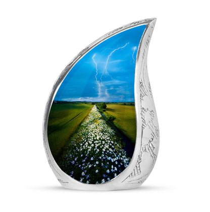 Graceful Blue Daisy Sanctuary Urn for Human Ashes - 10-inch, 200 cu in - Yatskia