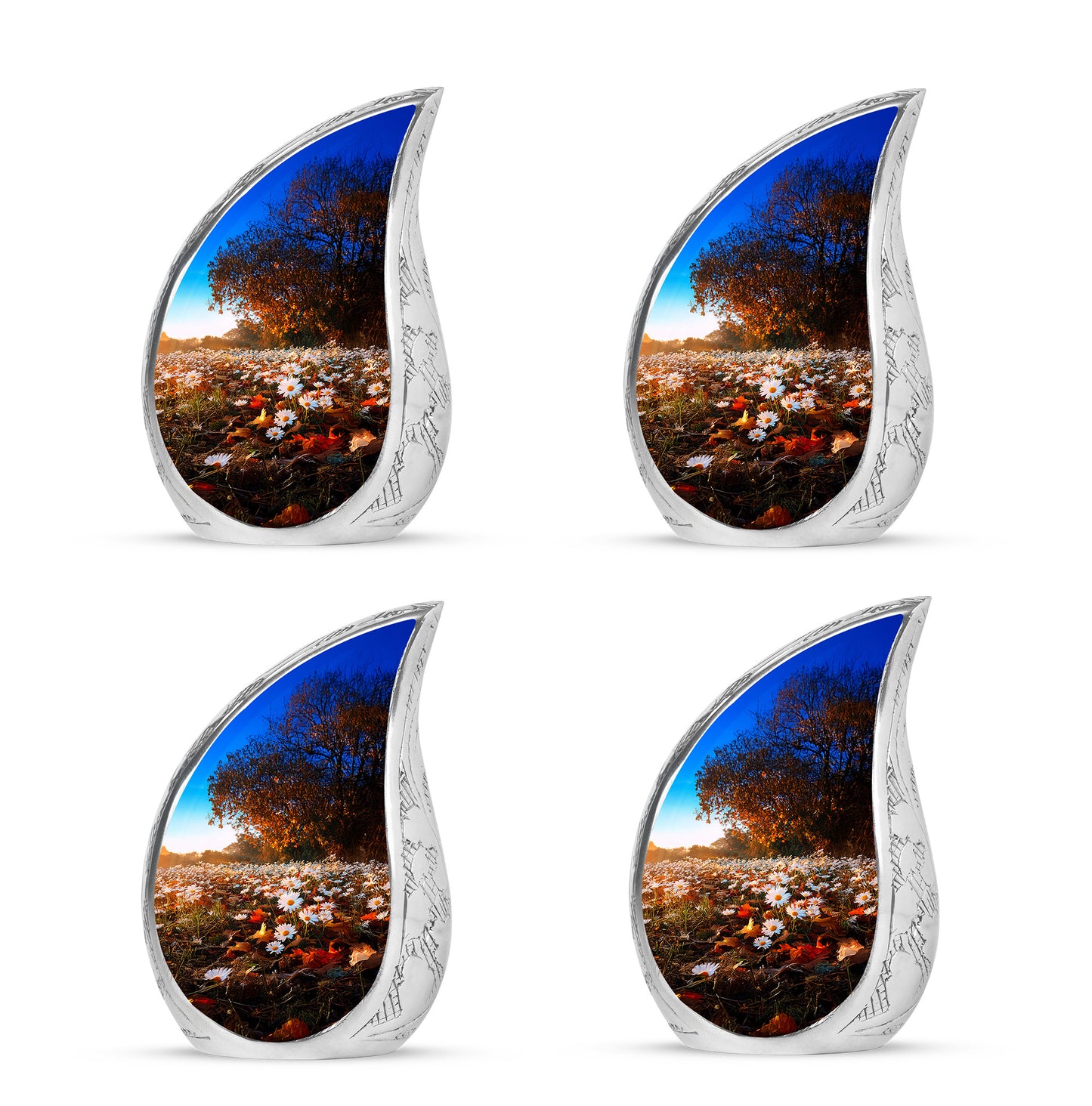 Amber Gold Daisy Cremation Urn close-up of engraving and surface detail - flowing teardrop daisy silhouette on curved aluminum - 10 inch aluminum urn for cremated remains