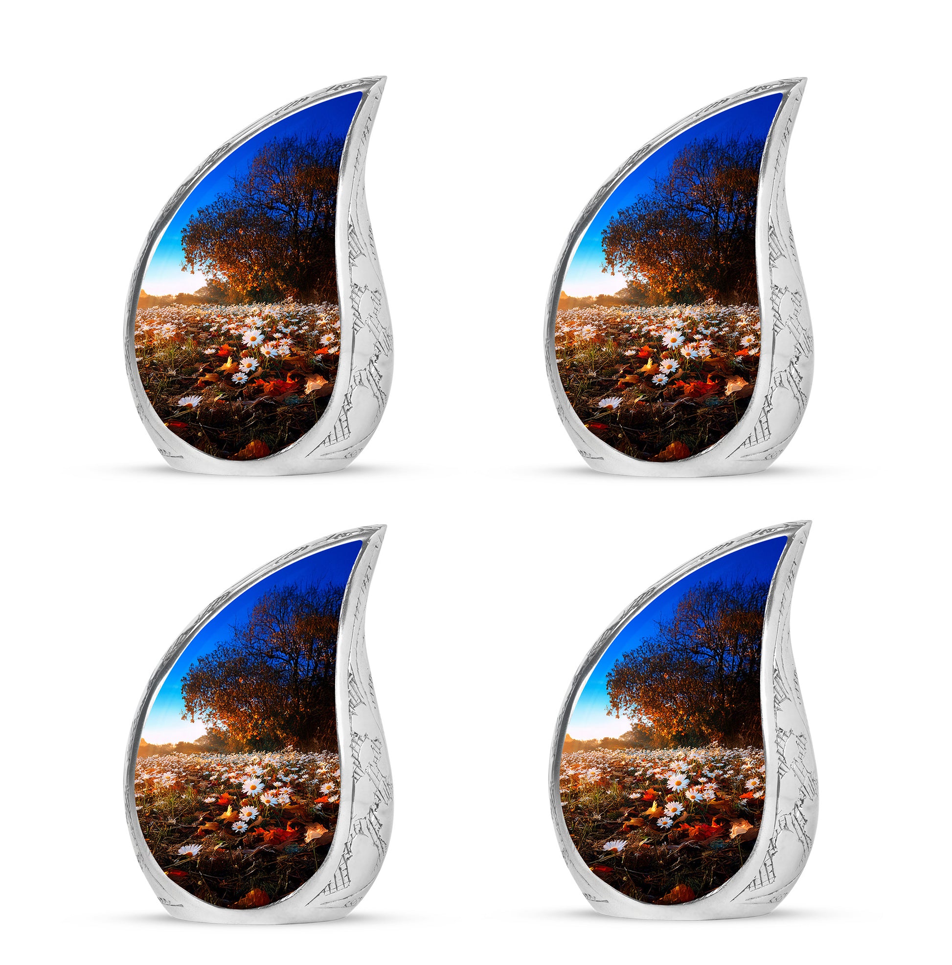 Amber Gold Daisy Cremation Urn close-up of engraving and surface detail - flowing teardrop daisy silhouette on curved aluminum - 10 inch aluminum urn for cremated remains