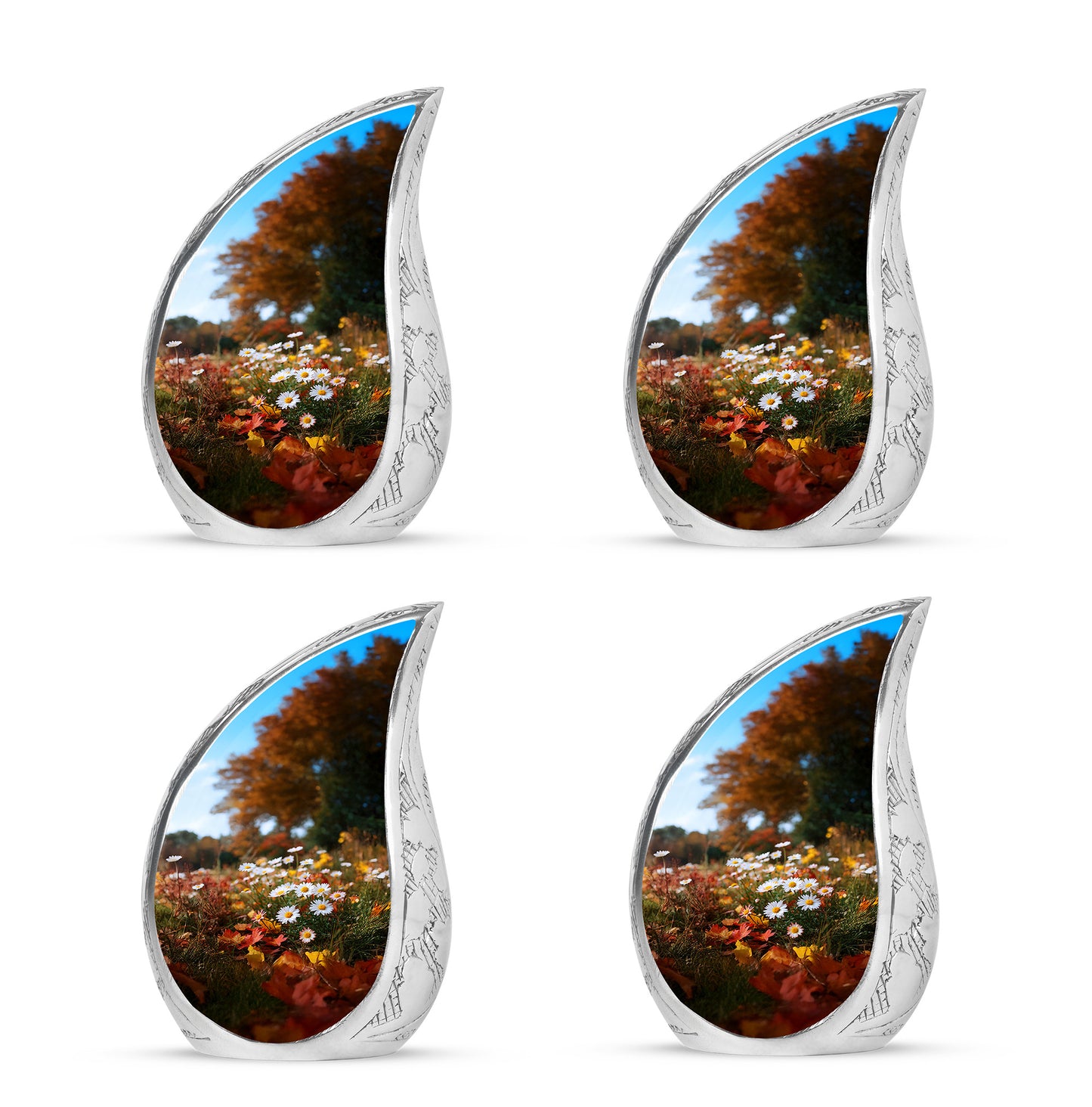 Matte Gold Daisy Cremation Urn close-up of engraving and surface detail - smooth teardrop contour featuring daisy art - 10 inch aluminum urn for cremated remains