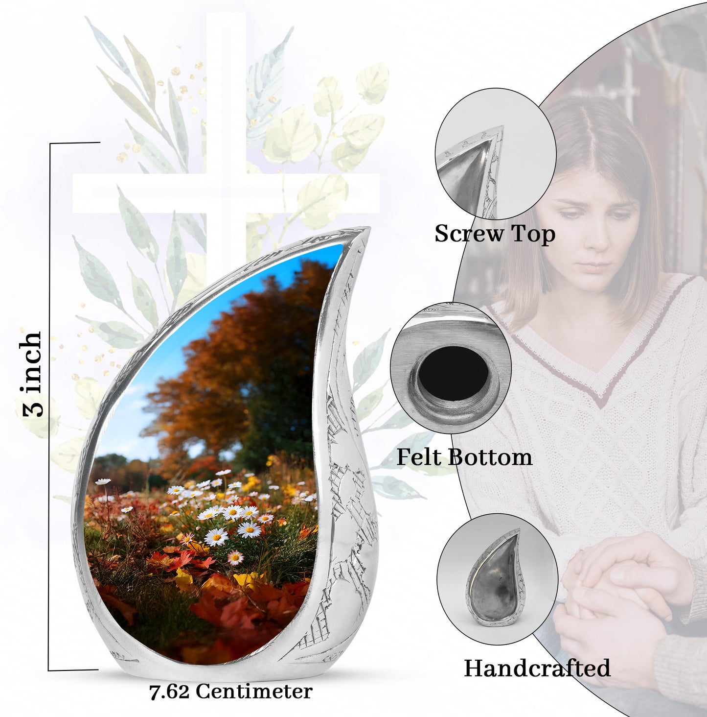 Royal Gold Daisy Cremation Urn angled view of lid and engraved motif - graceful tear-shaped urn with daisy motif - mini keepsake memorial for portion of cremation ashes