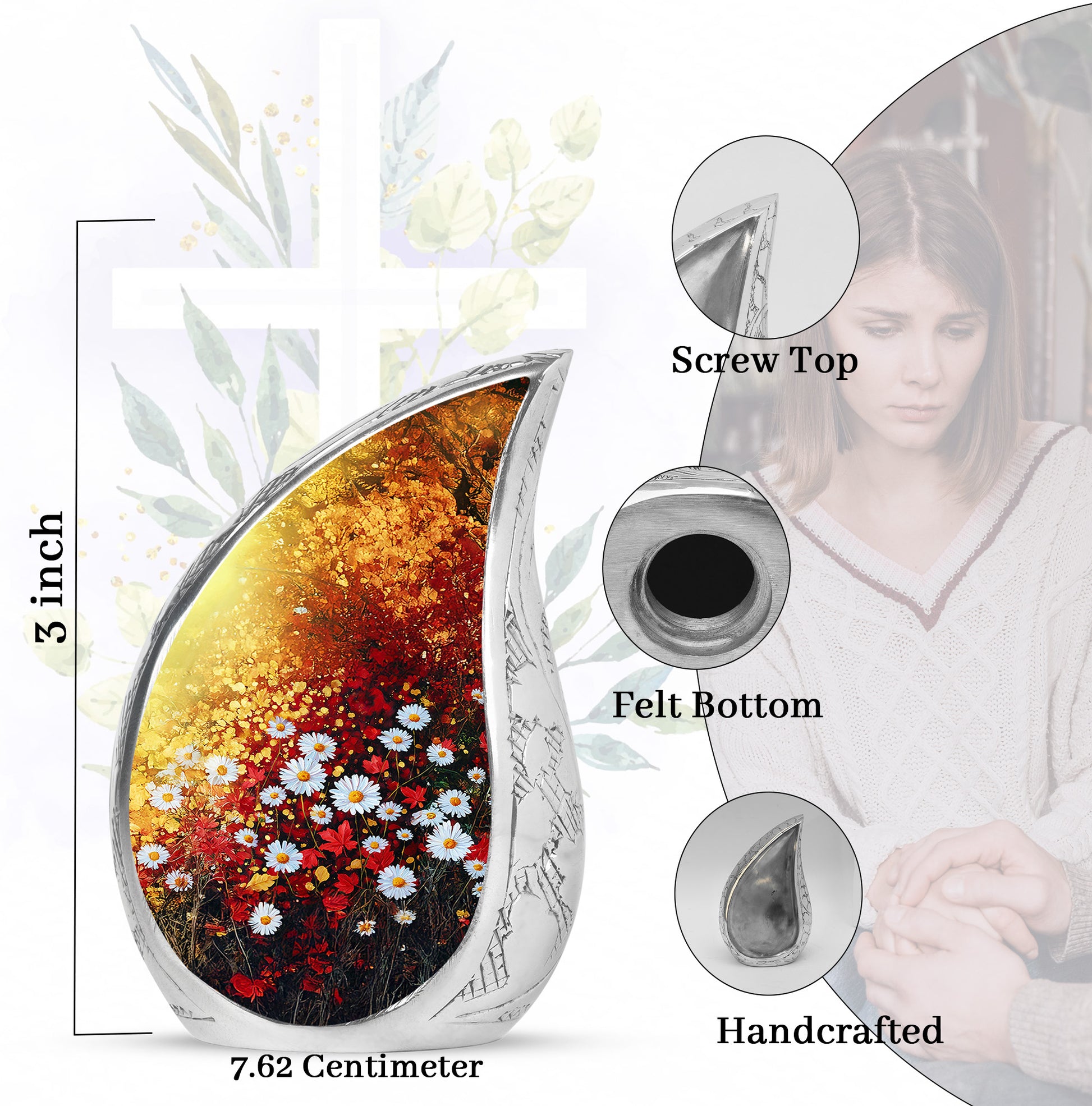 Harvest Gold Daisy Cremation Urn angled view of lid and engraved motif - smooth teardrop contour featuring daisy art - mini keepsake memorial for portion of cremation ashes
