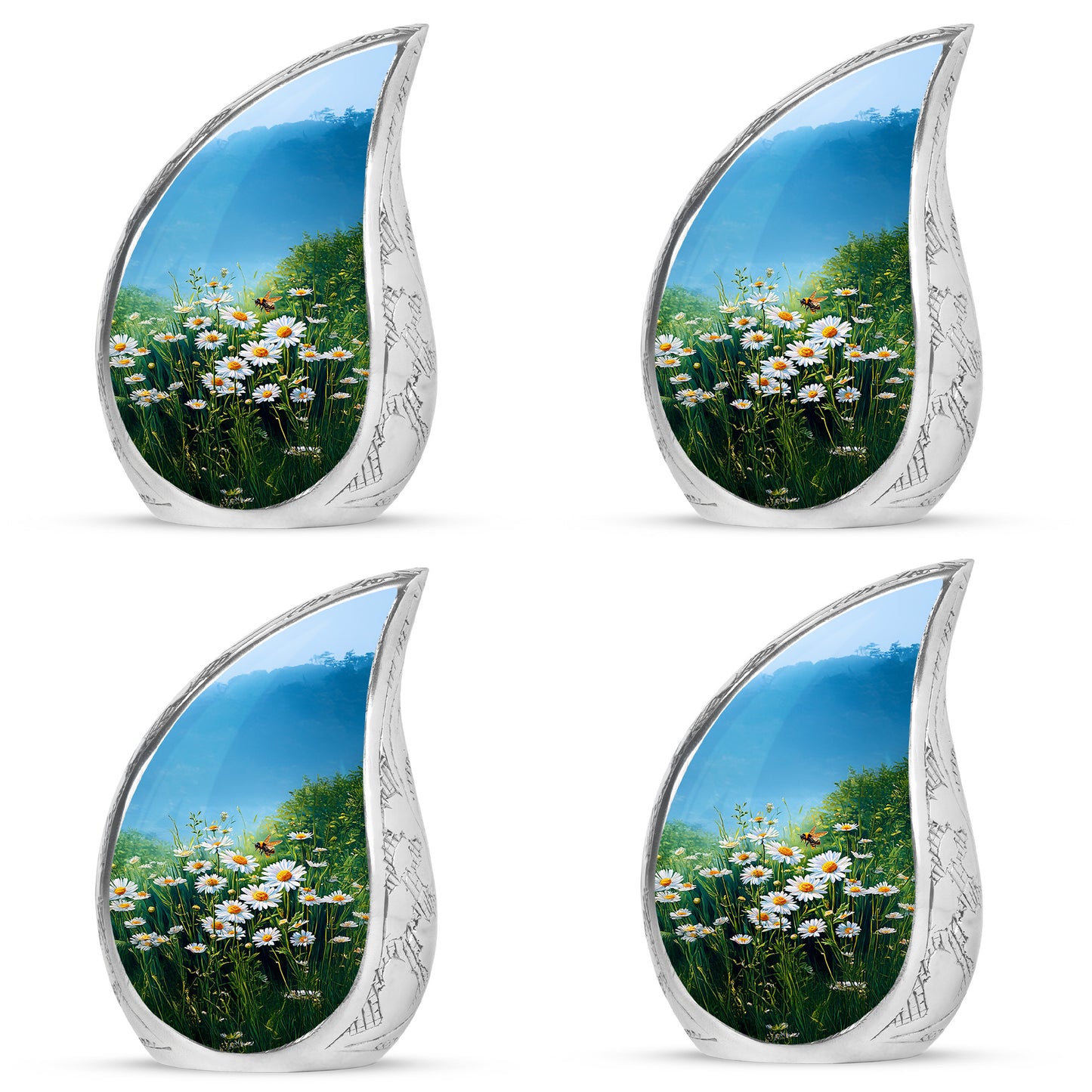 Sea Green Teal Daisy Cremation Urn close-up of engraving and surface detail - rounded teardrop daisy design with delicate detail - 10 inch aluminum urn for cremated remains