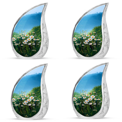 Sea Green Teal Daisy Cremation Urn close-up of engraving and surface detail - rounded teardrop daisy design with delicate detail - 10 inch aluminum urn for cremated remains
