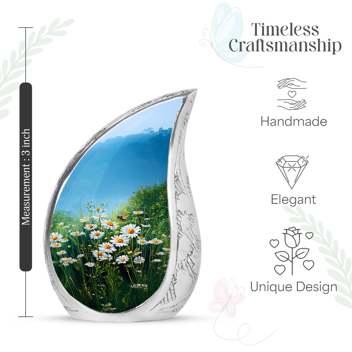 Jewel Teal Daisy Cremation Urn angled view of lid and engraved motif - flowing teardrop daisy silhouette on curved aluminum - mini keepsake memorial for portion of cremation ashes