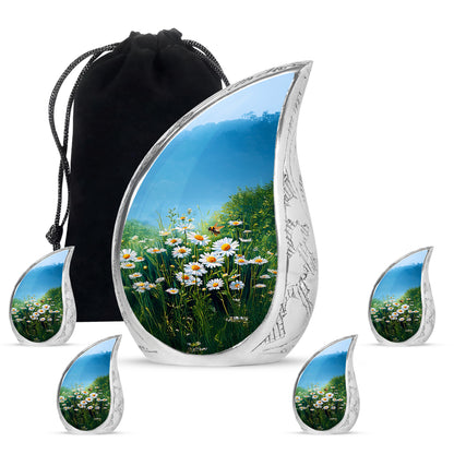 Vivid Teal Daisy Cremation Urn side profile showing urn shape - smooth teardrop contour featuring daisy art - memorial set with one large and four small urns