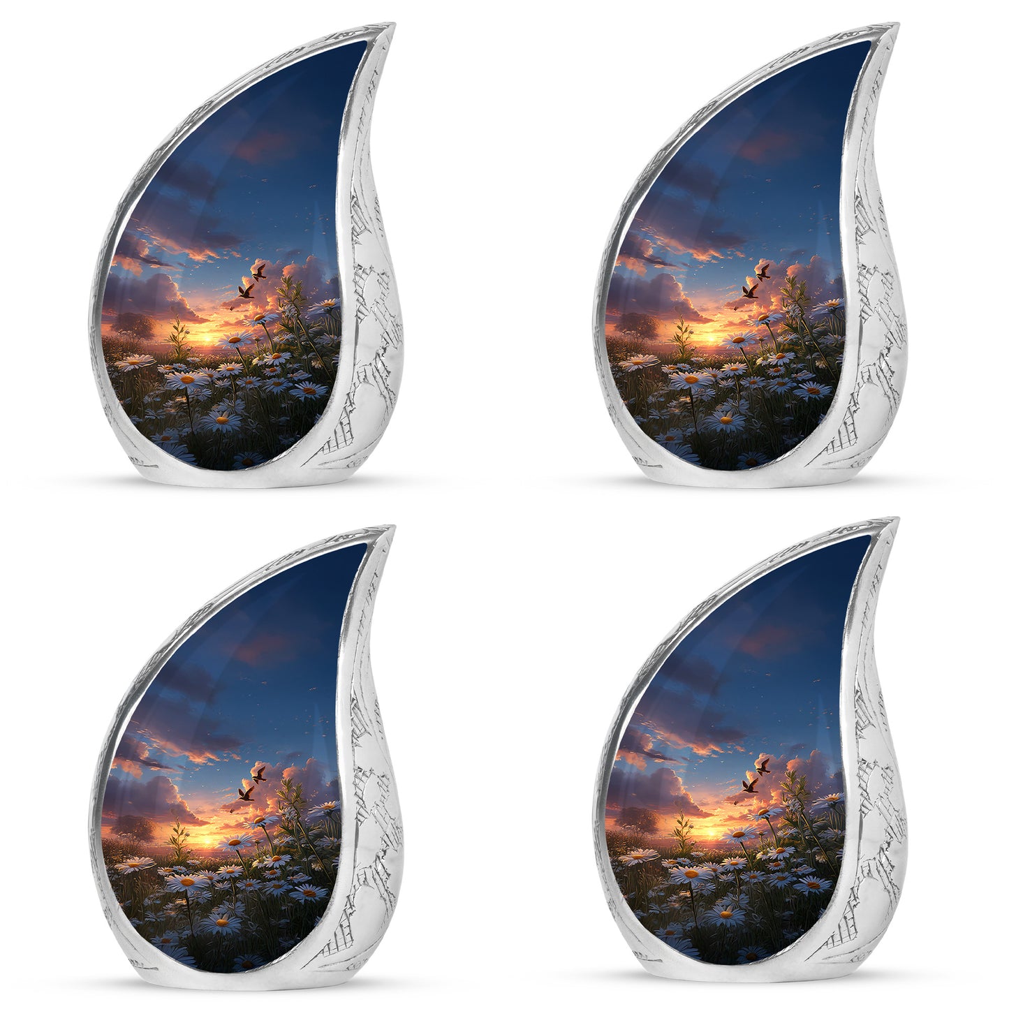 Celestial Blue Daisy Cremation Urn close-up of engraving and surface detail - flowing teardrop daisy silhouette on curved aluminum - 10 inch aluminum urn for cremated remains