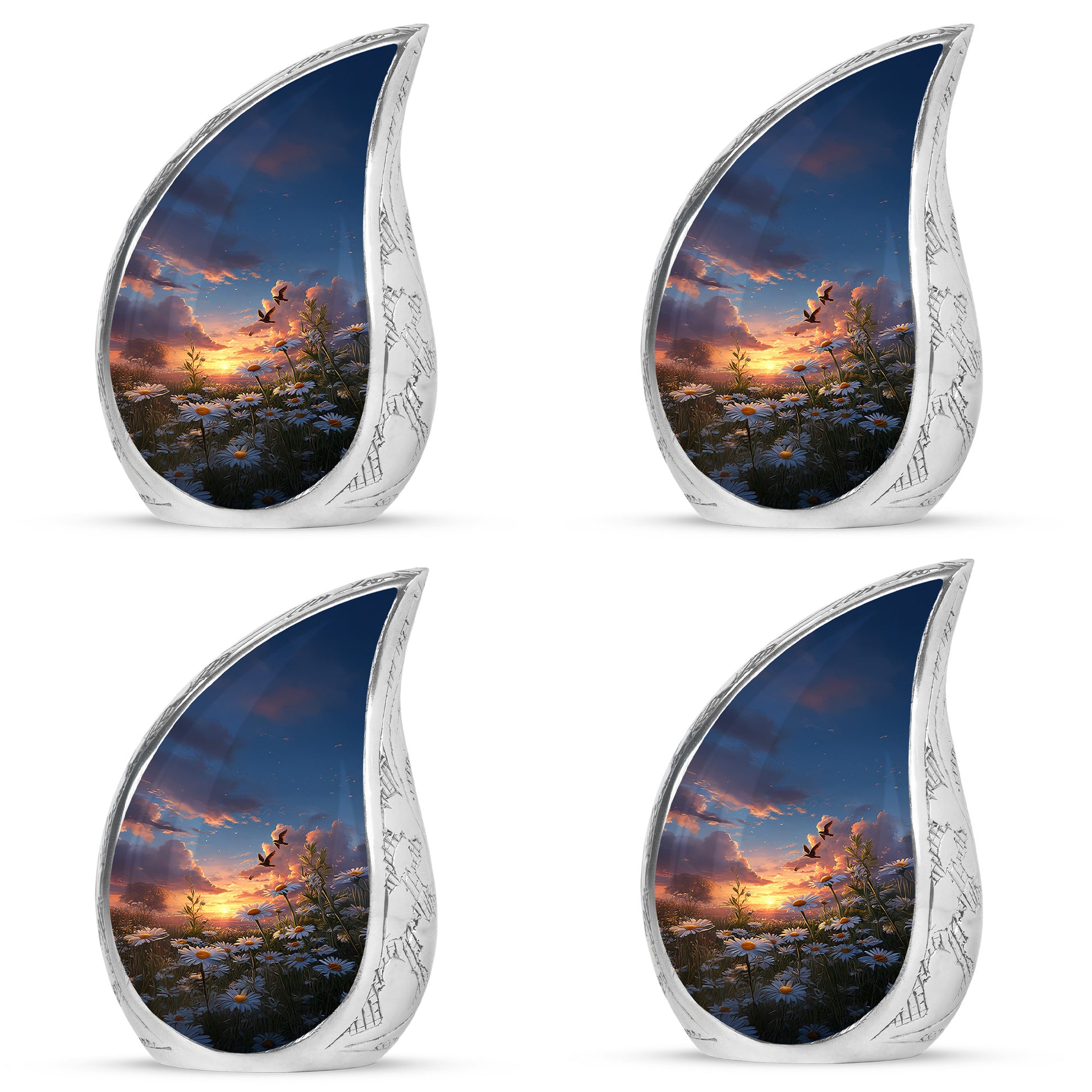 Celestial Blue Daisy Cremation Urn close-up of engraving and surface detail - flowing teardrop daisy silhouette on curved aluminum - 10 inch aluminum urn for cremated remains