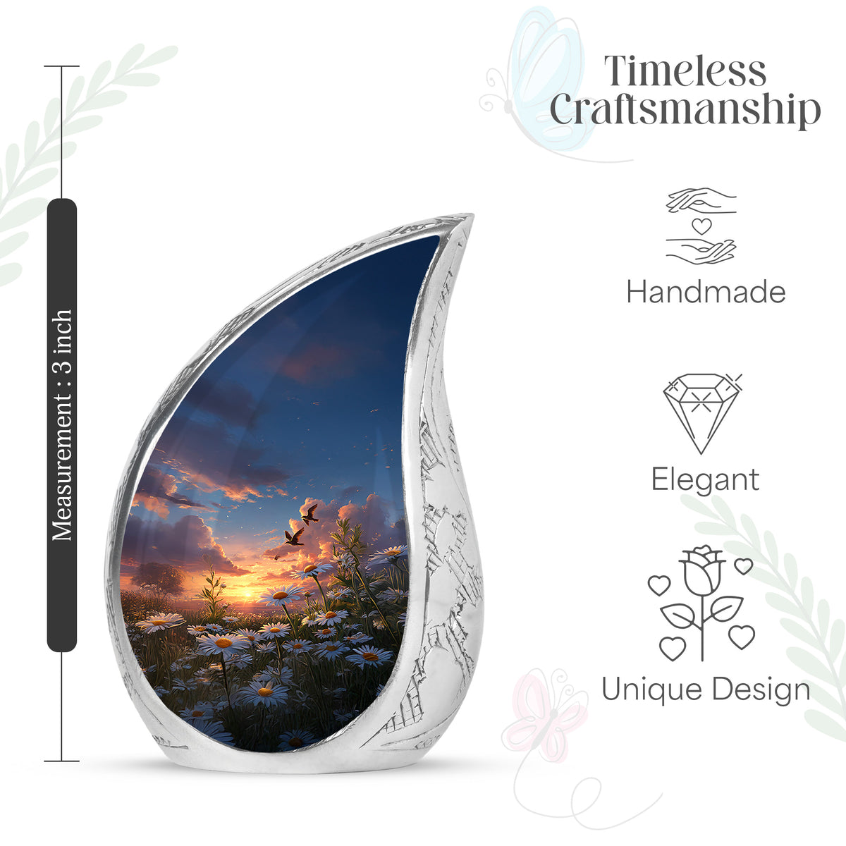 Sapphire Blue Daisy Cremation Urn angled view of lid and engraved motif - graceful tear-shaped urn with daisy motif - mini keepsake memorial for portion of cremation ashes