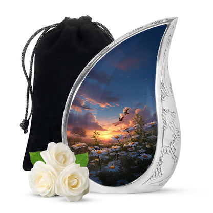 Cobalt Blue Daisy Cremation Urn front view showing detailed design - smooth teardrop contour featuring daisy art - full-size 10 inch 200 cubic inch adult cremation urn