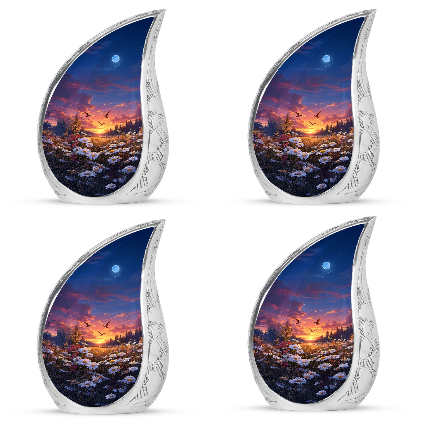 Serene Blue Daisy Cremation Urn close-up of engraving and surface detail - graceful tear-shaped urn with daisy motif - 10 inch aluminum urn for cremated remains