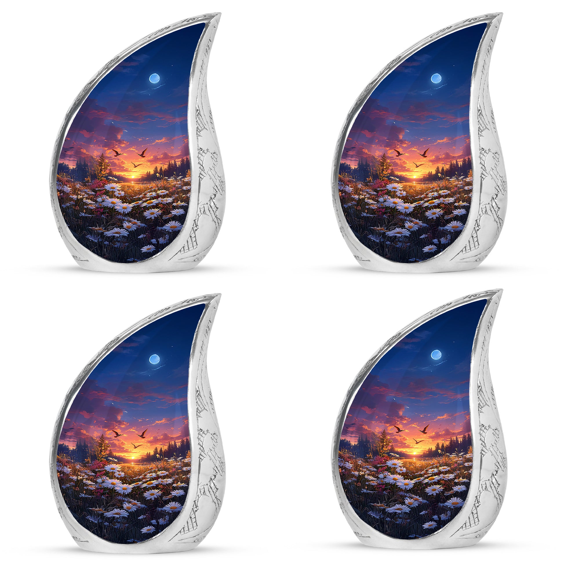 Serene Blue Daisy Cremation Urn close-up of engraving and surface detail - graceful tear-shaped urn with daisy motif - 10 inch aluminum urn for cremated remains