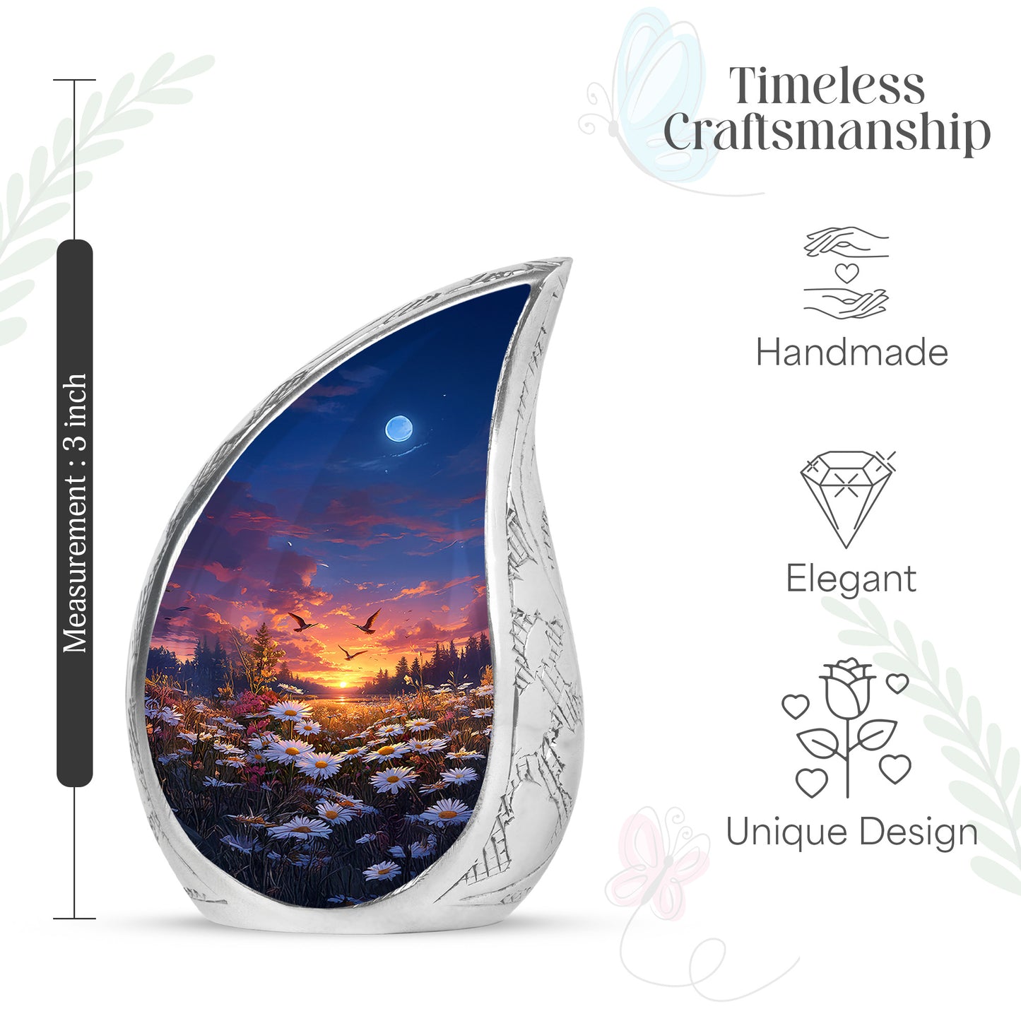 Vivid Blue Daisy Cremation Urn angled view of lid and engraved motif - smooth teardrop contour featuring daisy art - mini keepsake memorial for portion of cremation ashes