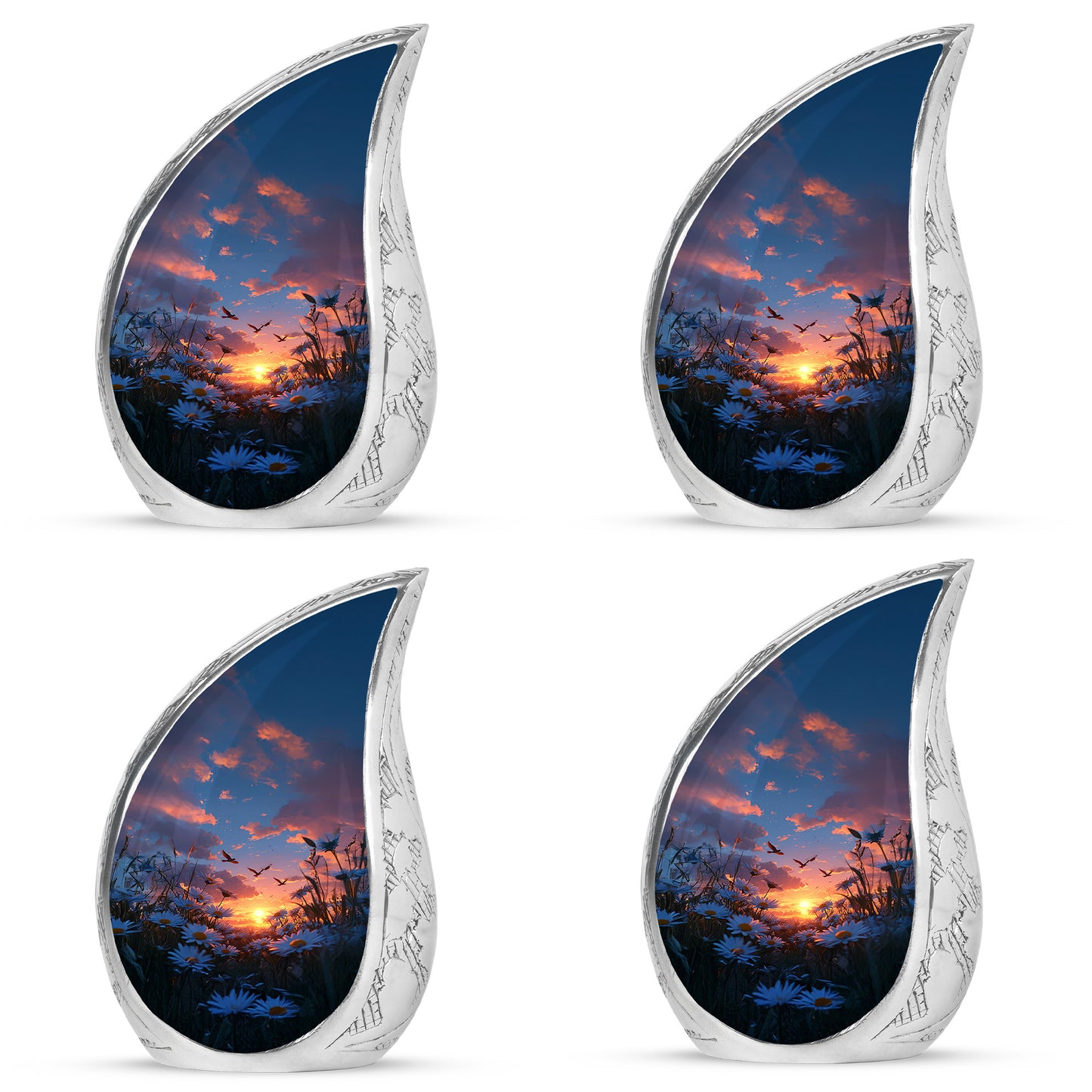 Pastel Blue Daisy Cremation Urn close-up of engraving and surface detail - flowing teardrop daisy silhouette on curved aluminum - 10 inch aluminum urn for cremated remains