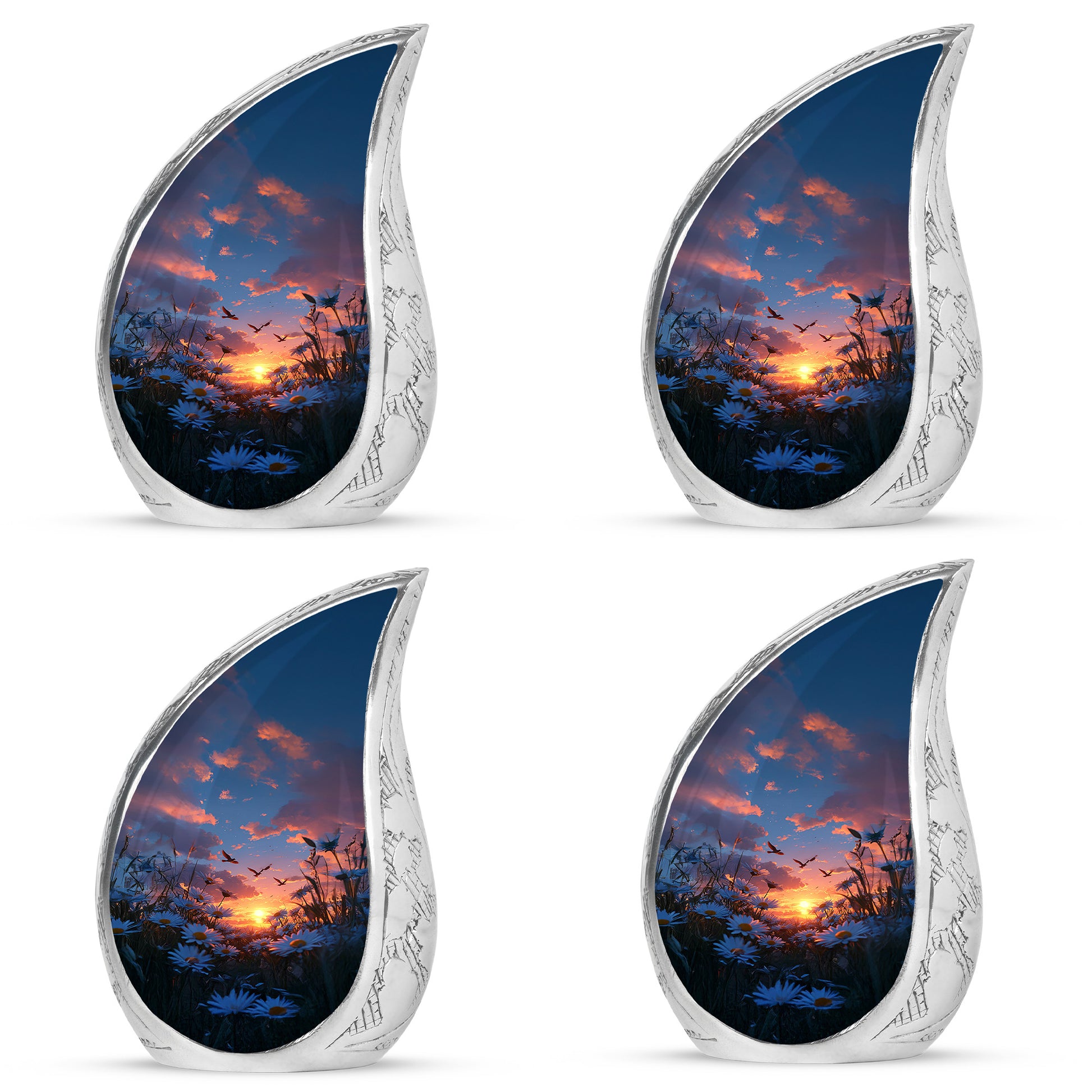 Pastel Blue Daisy Cremation Urn close-up of engraving and surface detail - flowing teardrop daisy silhouette on curved aluminum - 10 inch aluminum urn for cremated remains
