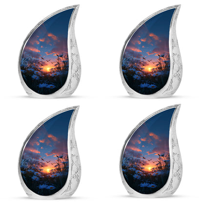 Pastel Blue Daisy Cremation Urn close-up of engraving and surface detail - flowing teardrop daisy silhouette on curved aluminum - 10 inch aluminum urn for cremated remains