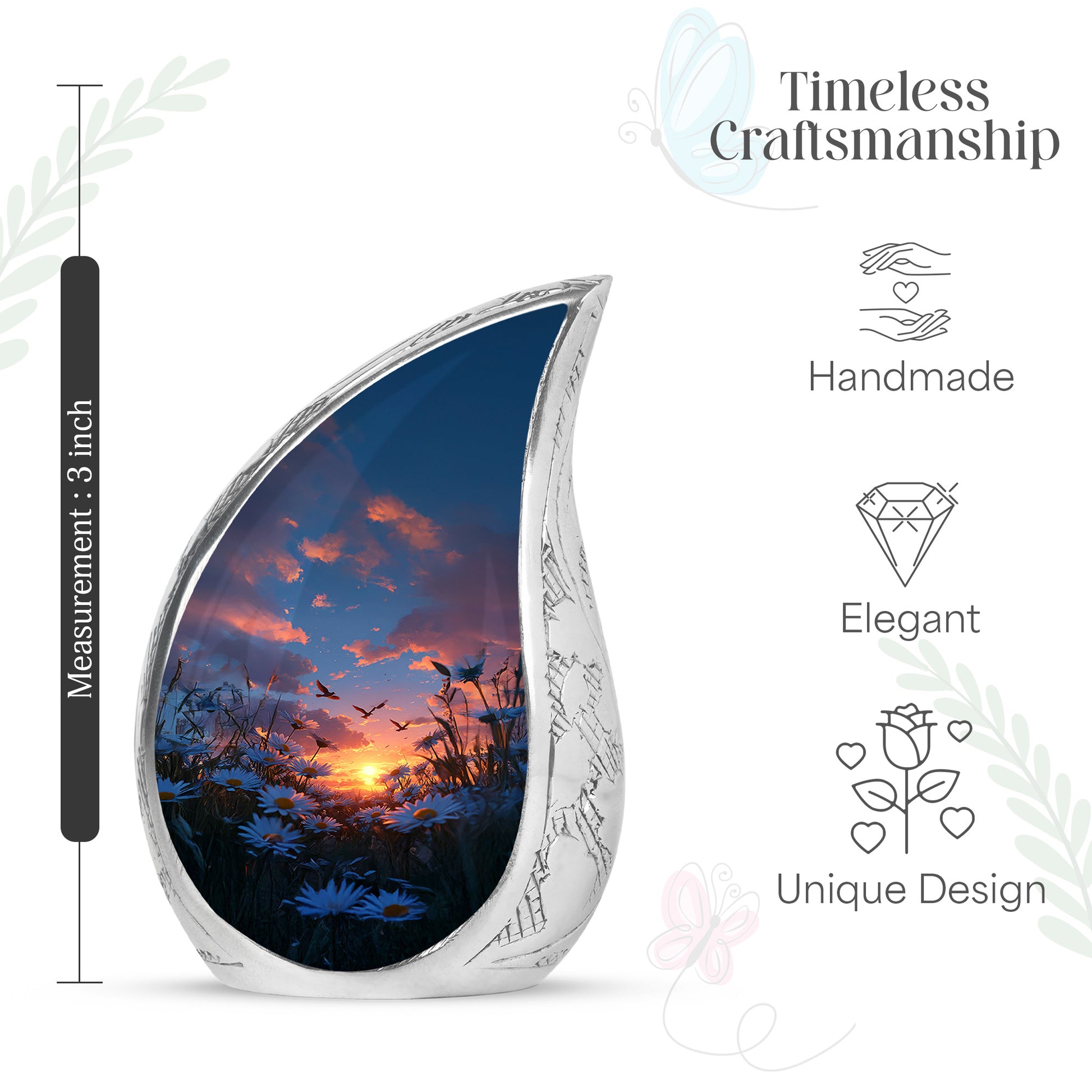Sapphire Blue Daisy Cremation Urn angled view of lid and engraved motif - graceful tear-shaped urn with daisy motif - mini keepsake memorial for portion of cremation ashes