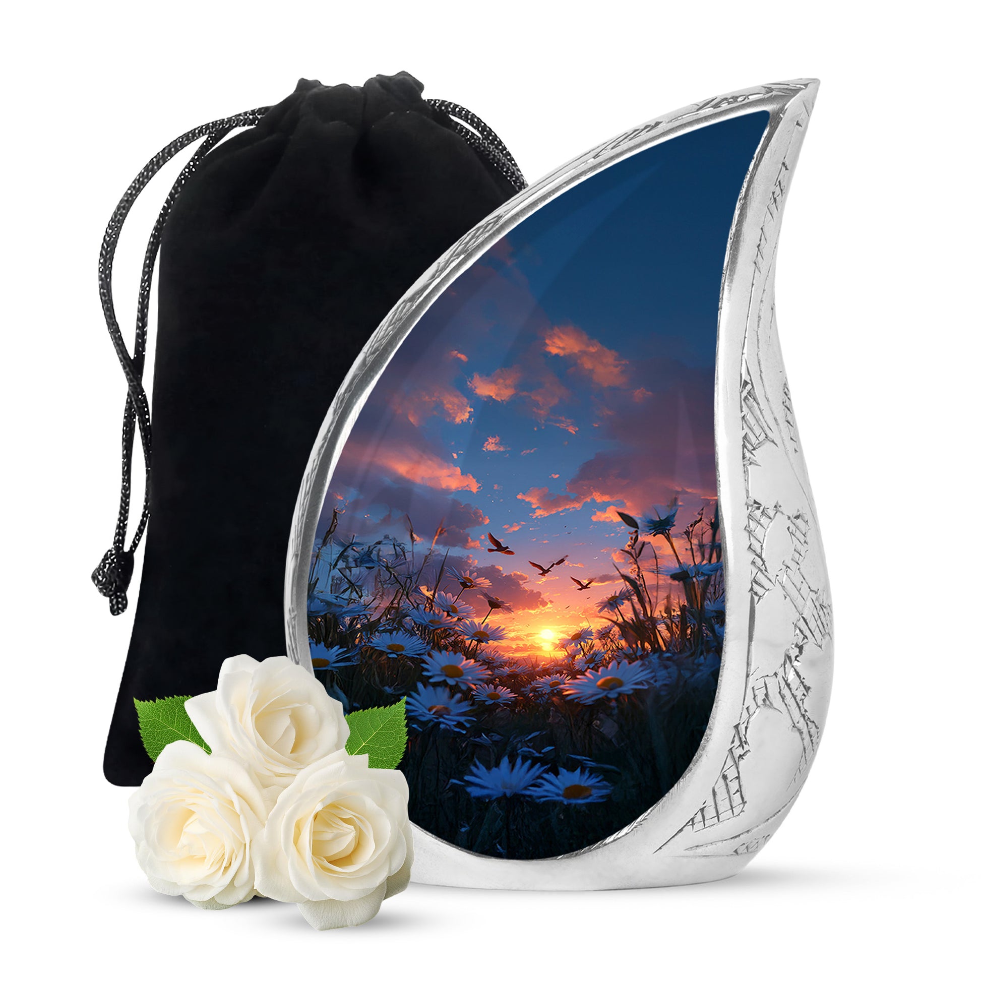 Royal Blue Daisy Cremation Urn front view showing detailed design - smooth teardrop contour featuring daisy art - full-size 10 inch 200 cubic inch adult cremation urn