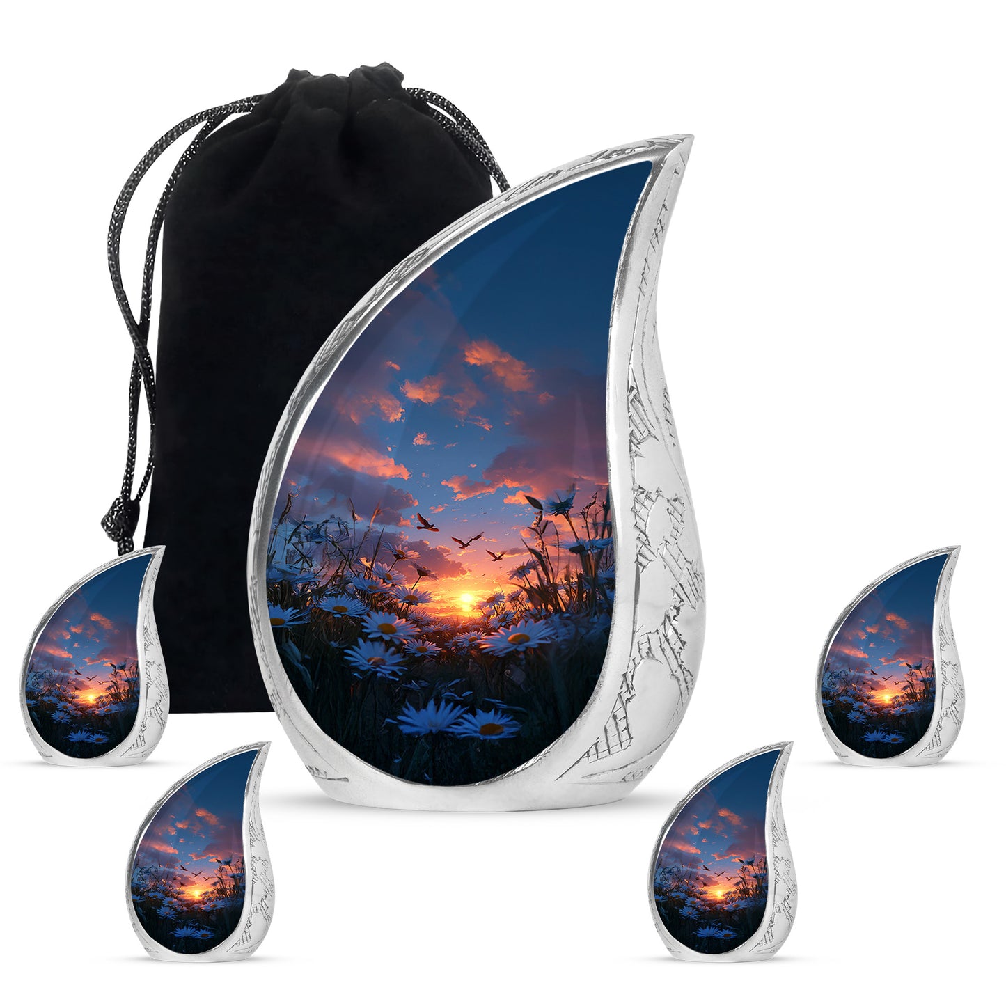 Indigo Daisy Cremation Urn side profile showing urn shape - rounded teardrop daisy design with delicate detail - memorial set with one large and four small urns