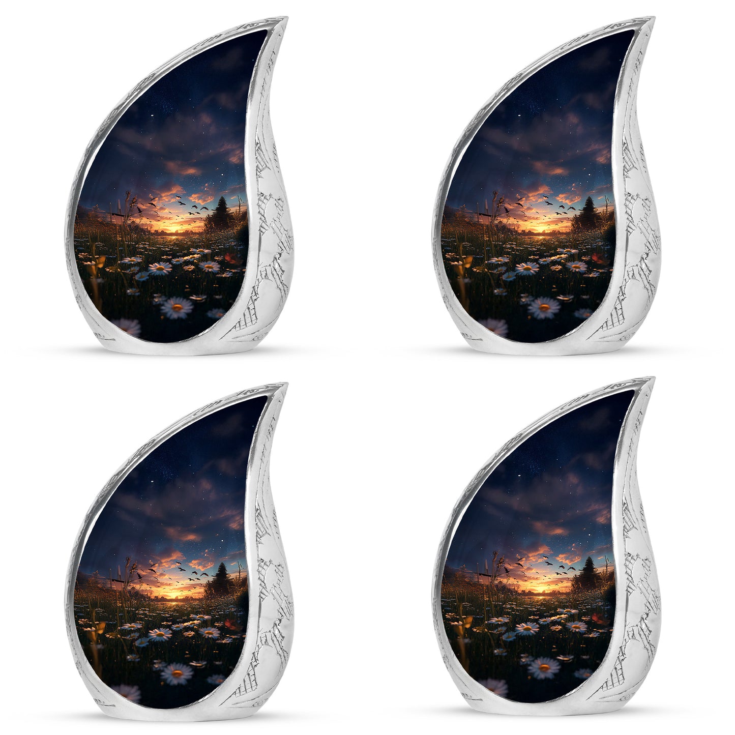 Icy Blue Daisy Cremation Urn close-up of engraving and surface detail - flowing teardrop daisy silhouette on curved aluminum - 10 inch aluminum urn for cremated remains