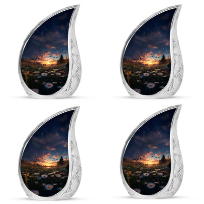Icy Blue Daisy Cremation Urn close-up of engraving and surface detail - flowing teardrop daisy silhouette on curved aluminum - 10 inch aluminum urn for cremated remains