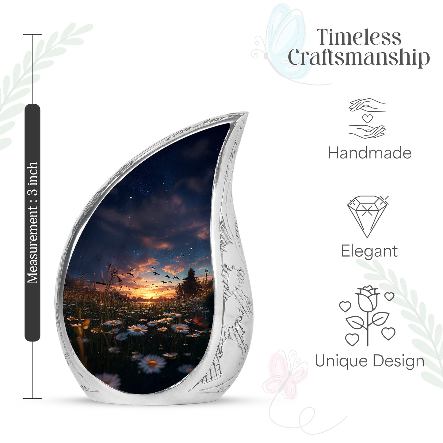 Slate Blue Daisy Cremation Urn angled view of lid and engraved motif - rounded teardrop daisy design with delicate detail - mini keepsake memorial for portion of cremation ashes