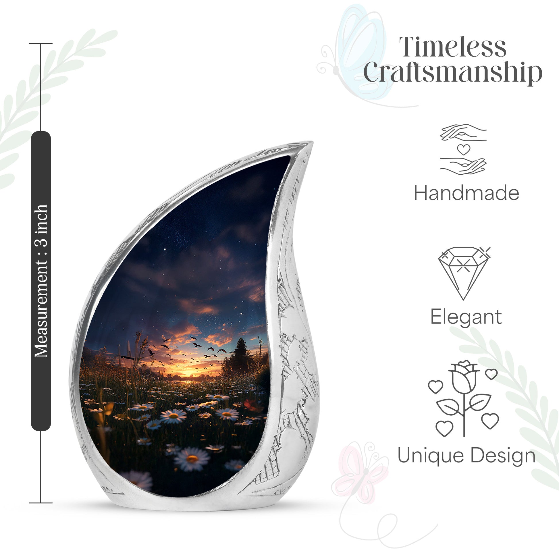Slate Blue Daisy Cremation Urn angled view of lid and engraved motif - rounded teardrop daisy design with delicate detail - mini keepsake memorial for portion of cremation ashes