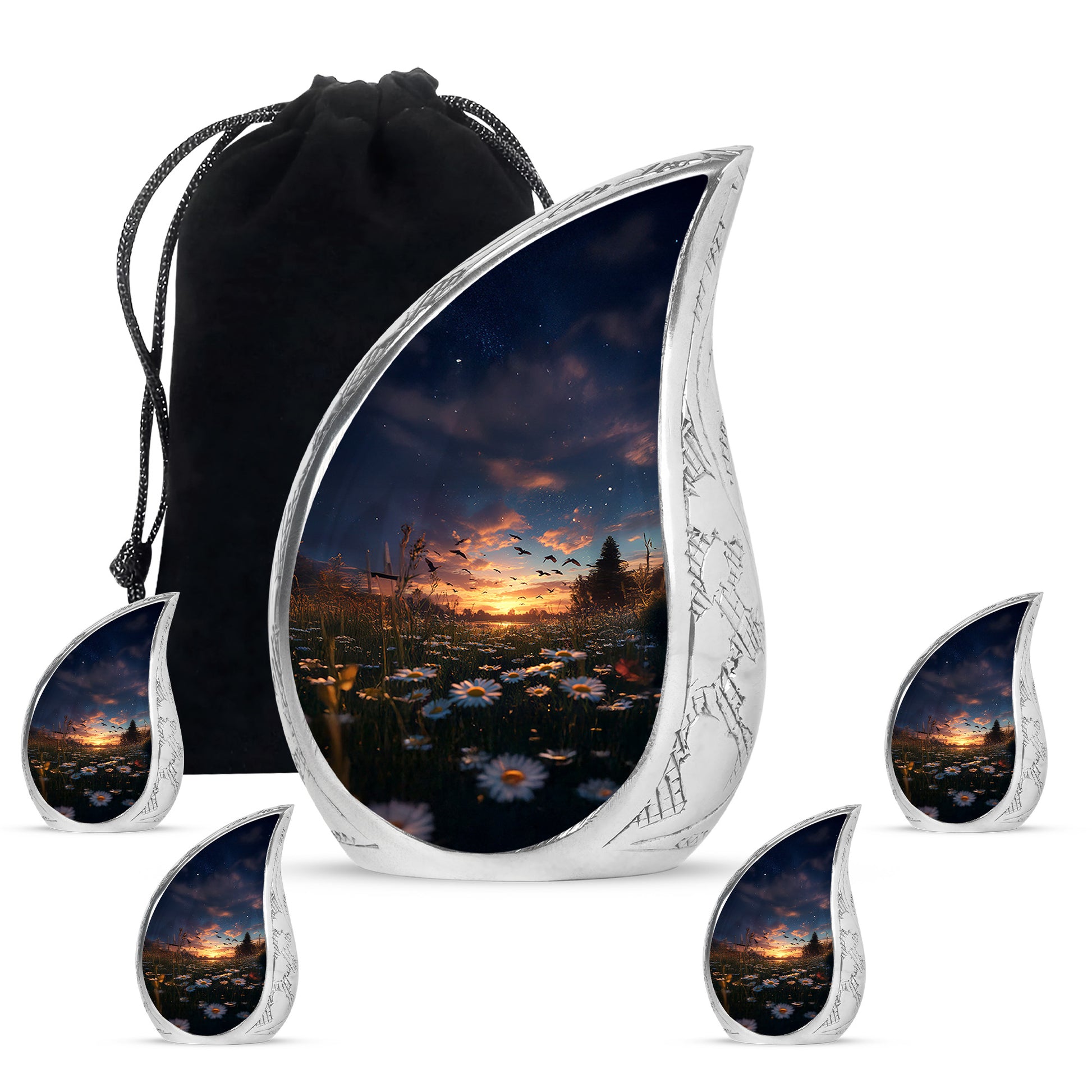 Misty Blue Daisy Cremation Urn side profile showing urn shape - rounded teardrop daisy design with delicate detail - memorial set with one large and four small urns