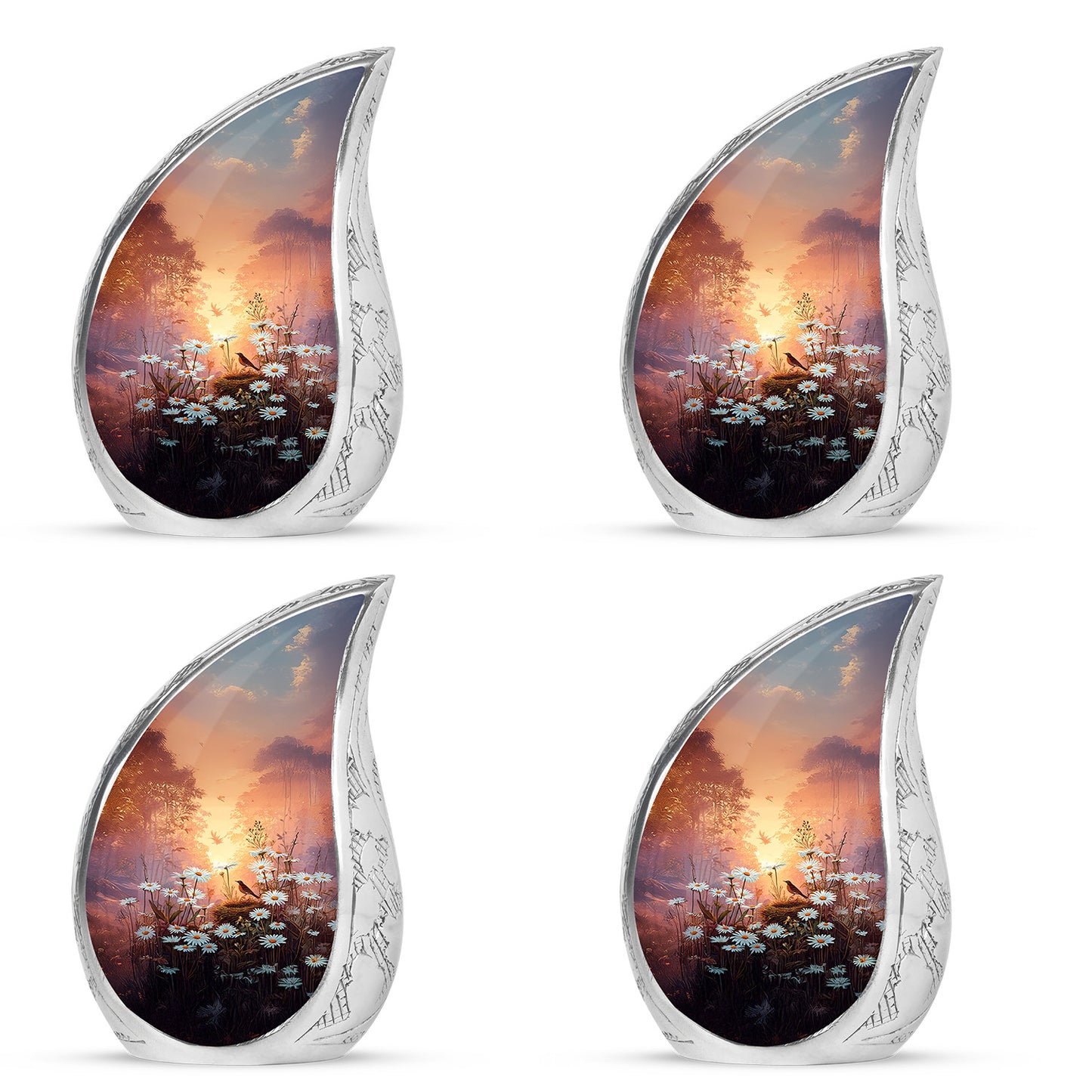 Champagne Gold Daisy Cremation Urn close-up of engraving and surface detail - flowing teardrop daisy silhouette on curved aluminum - 10 inch aluminum urn for cremated remains